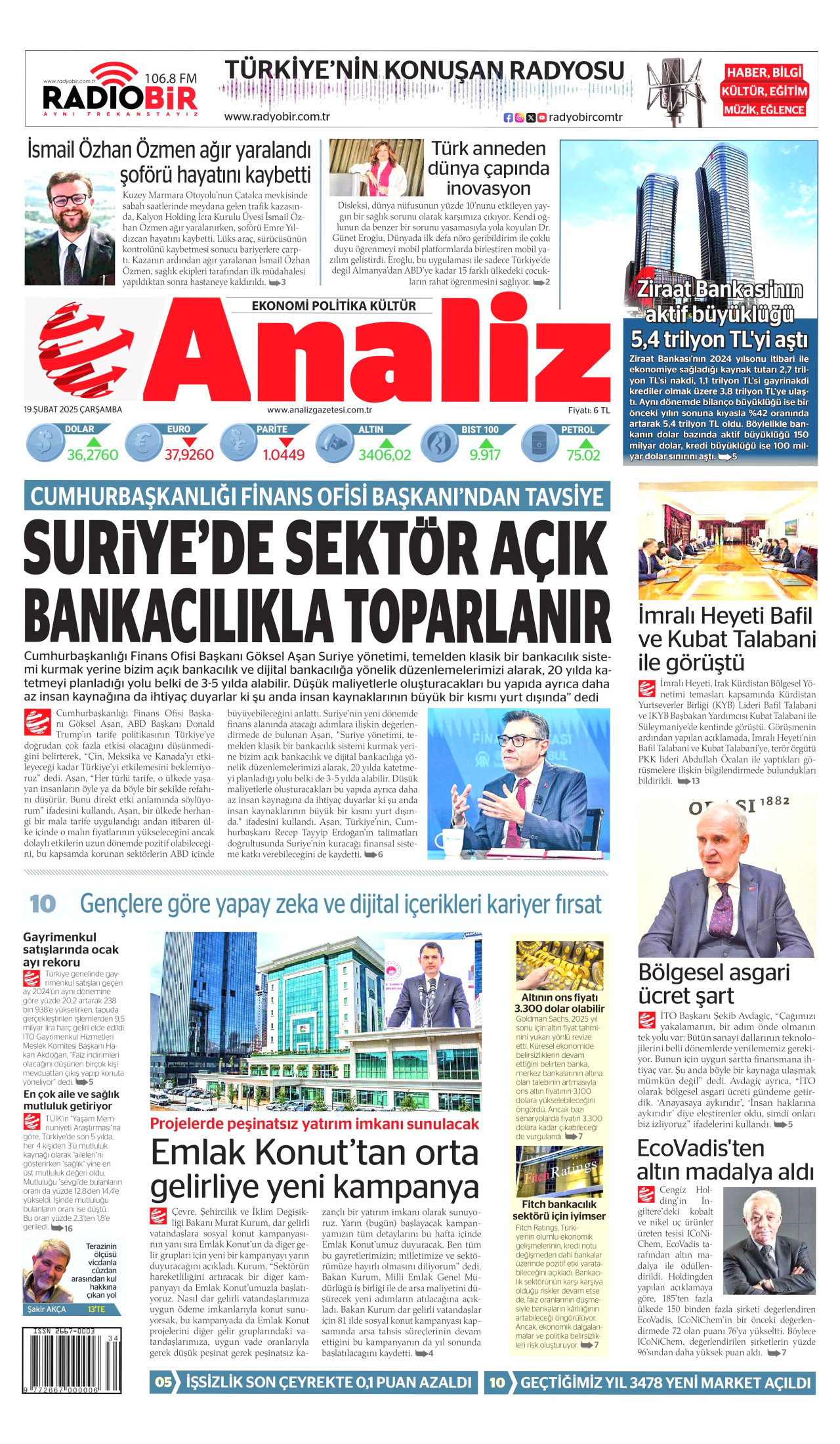 ANALİZ gazetesinin 19 Şubat 2025 tarihli birinci sayfası