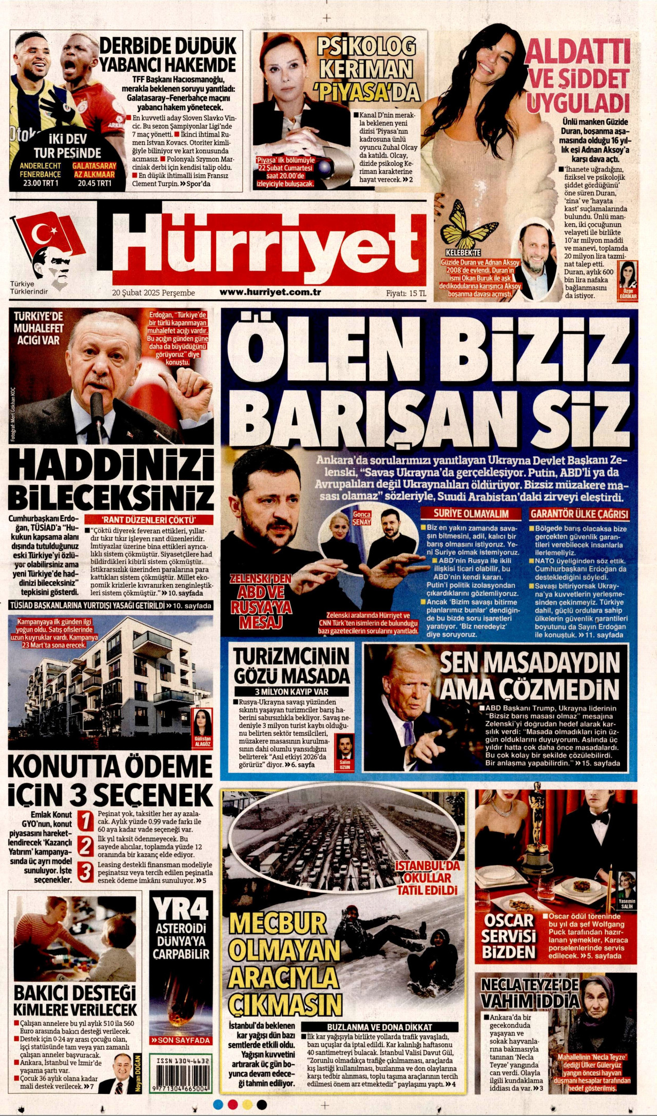 HÜRRİYET gazetesinin 20 Şubat 2025 tarihli birinci sayfası