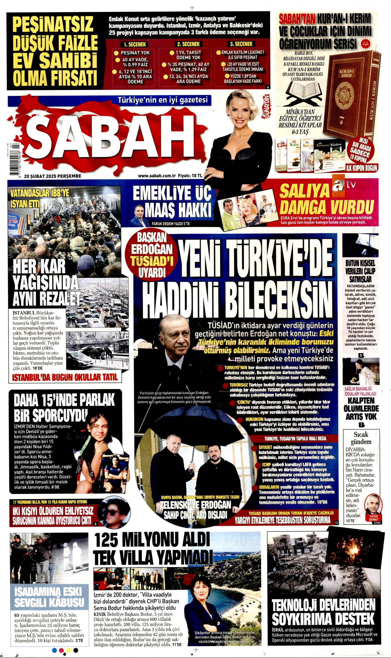 SABAH gazetesinin 20 Şubat 2025 tarihli birinci sayfası