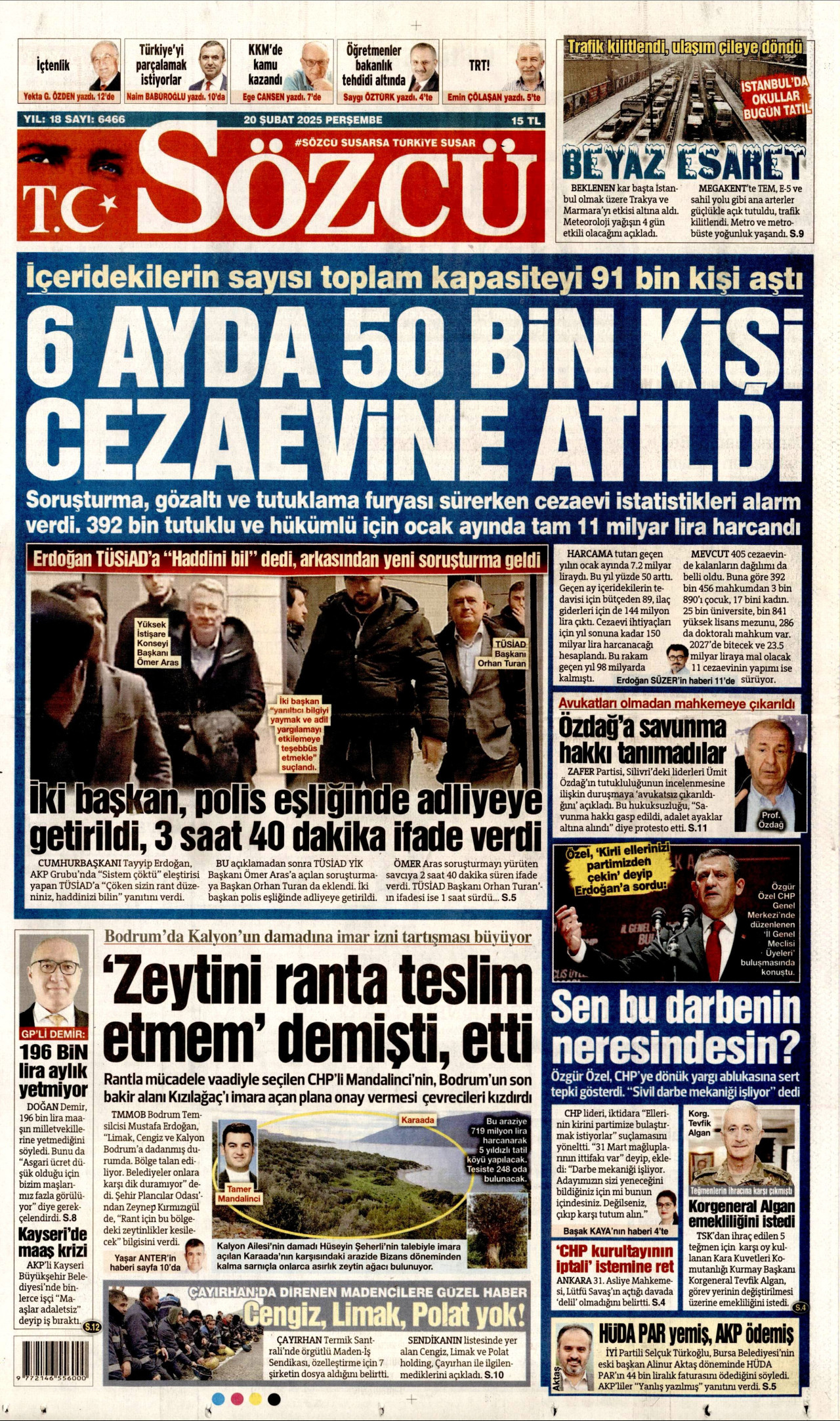 SÖZCÜ gazetesinin 20 Şubat 2025 tarihli birinci sayfası