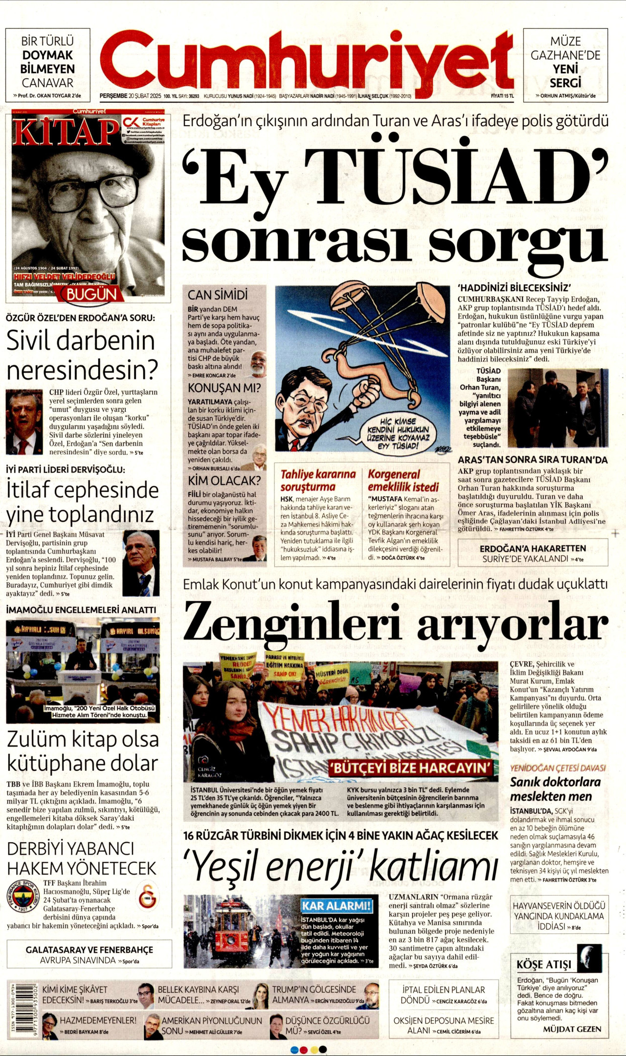 CUMHURİYET gazetesinin 20 Şubat 2025 tarihli birinci sayfası