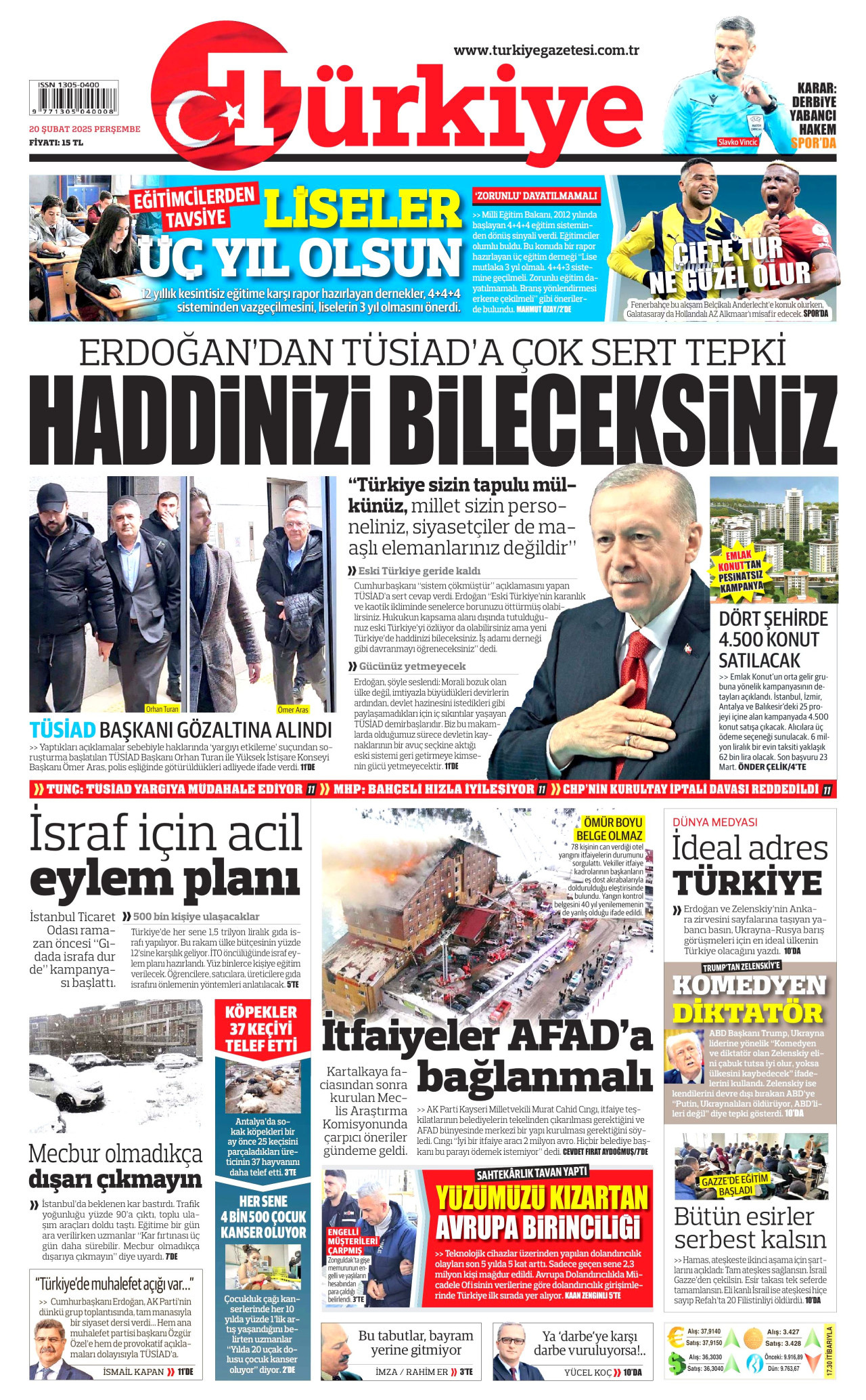 TÜRKİYE GAZETESİ gazetesinin 20 Şubat 2025 tarihli birinci sayfası