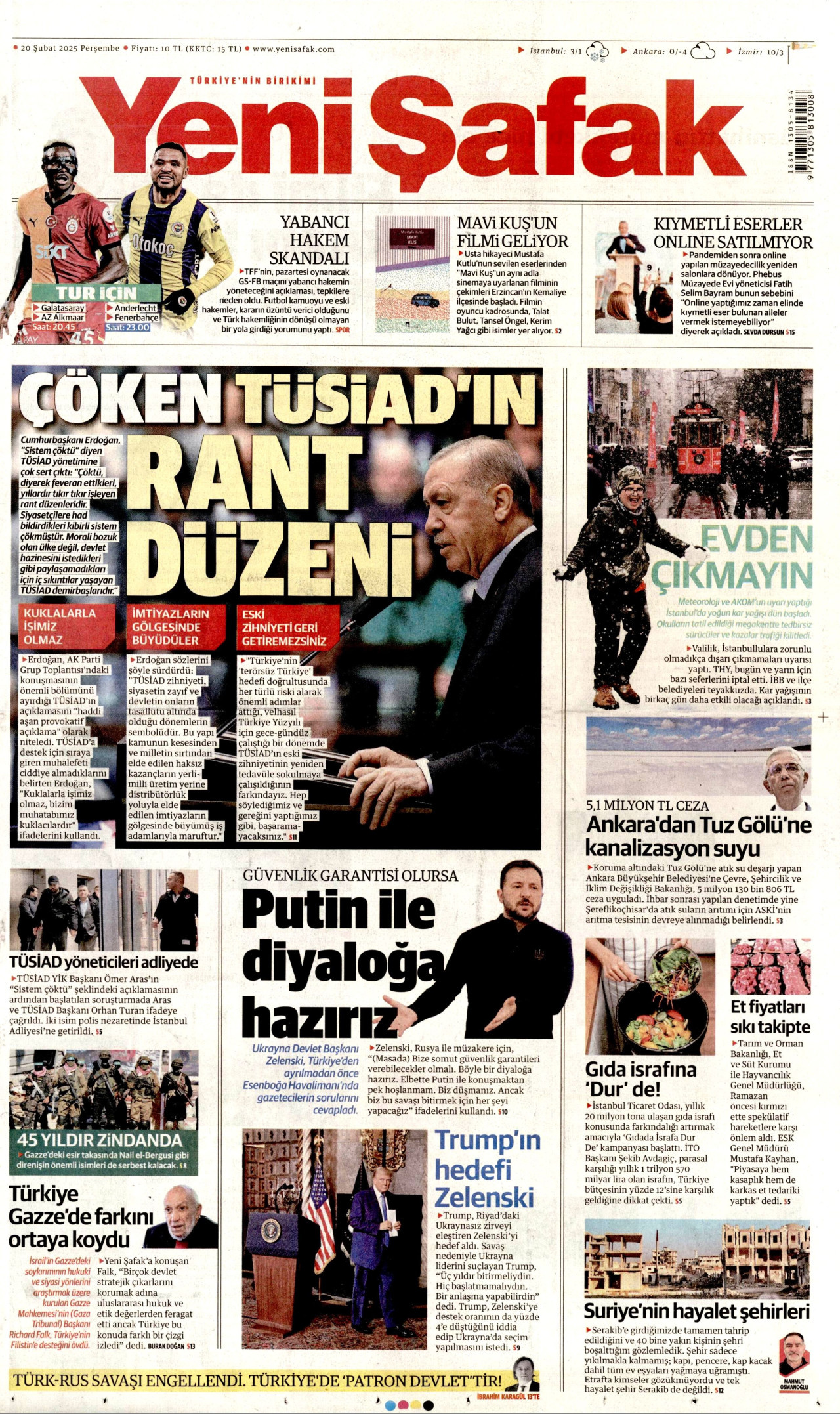 YENİ ŞAFAK gazetesinin 20 Şubat 2025 tarihli birinci sayfası