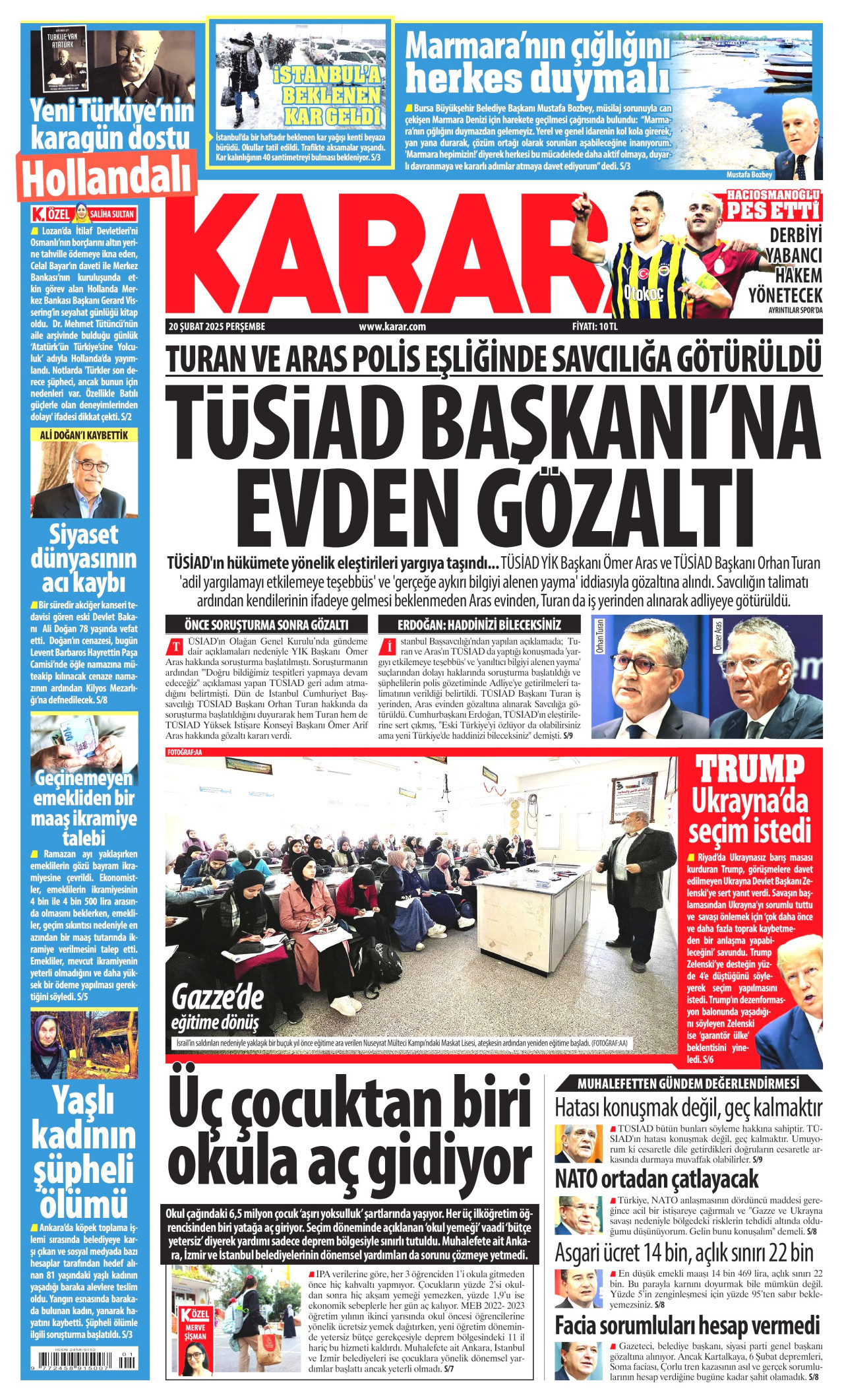 KARAR gazetesinin 20 Şubat 2025 tarihli birinci sayfası