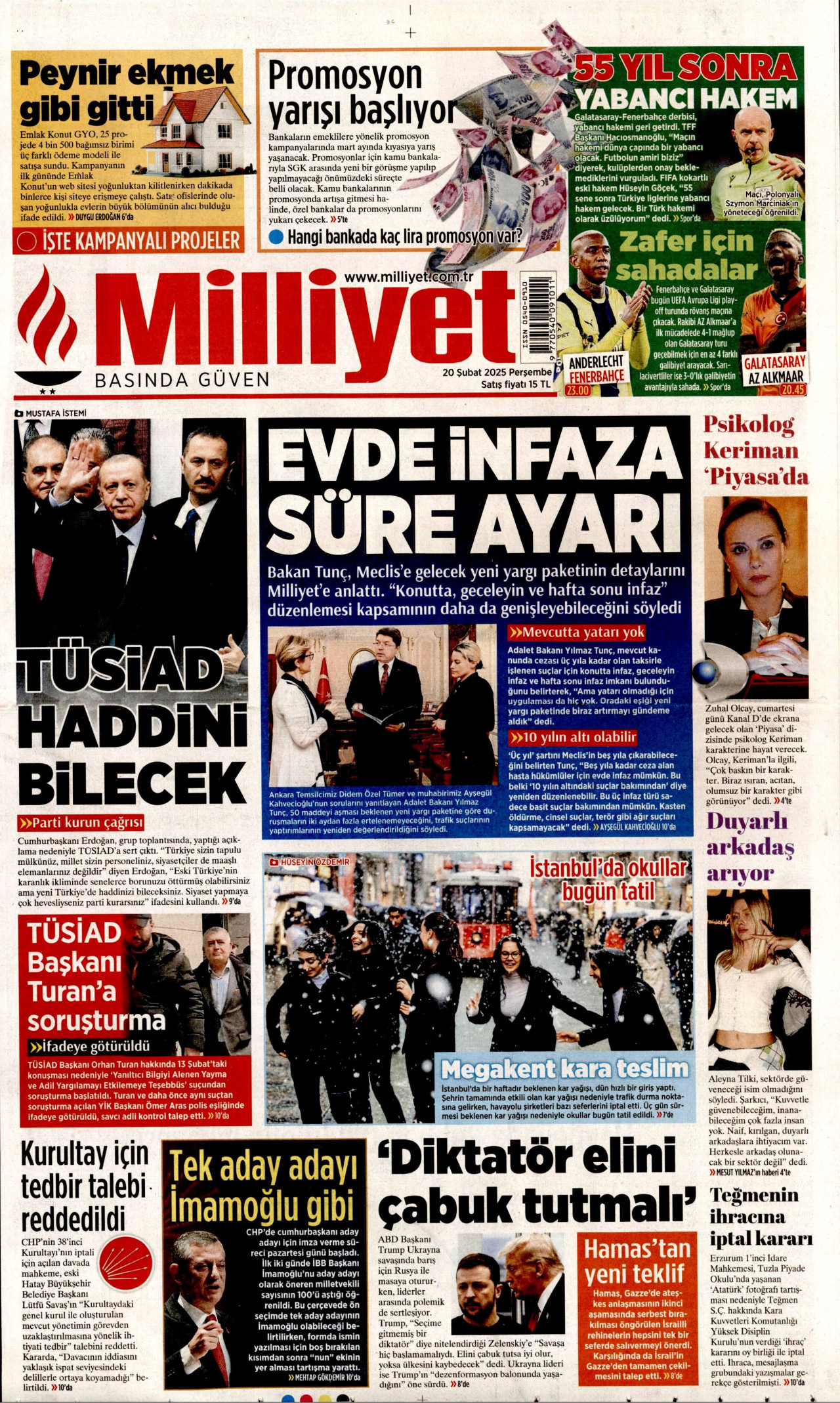 MİLLİYET gazetesinin 20 Şubat 2025 tarihli birinci sayfası