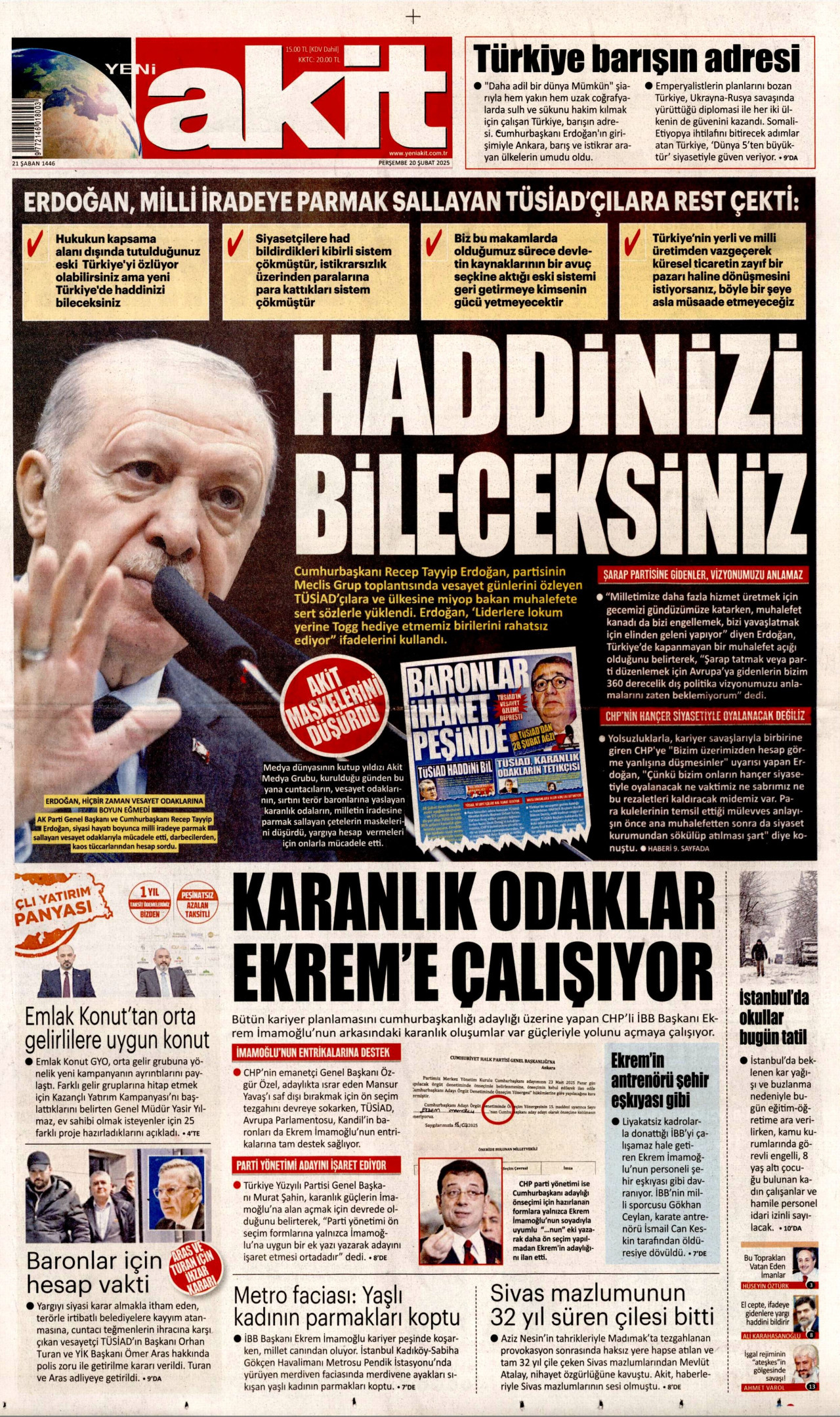 YENİ AKİT gazetesinin 20 Şubat 2025 tarihli birinci sayfası