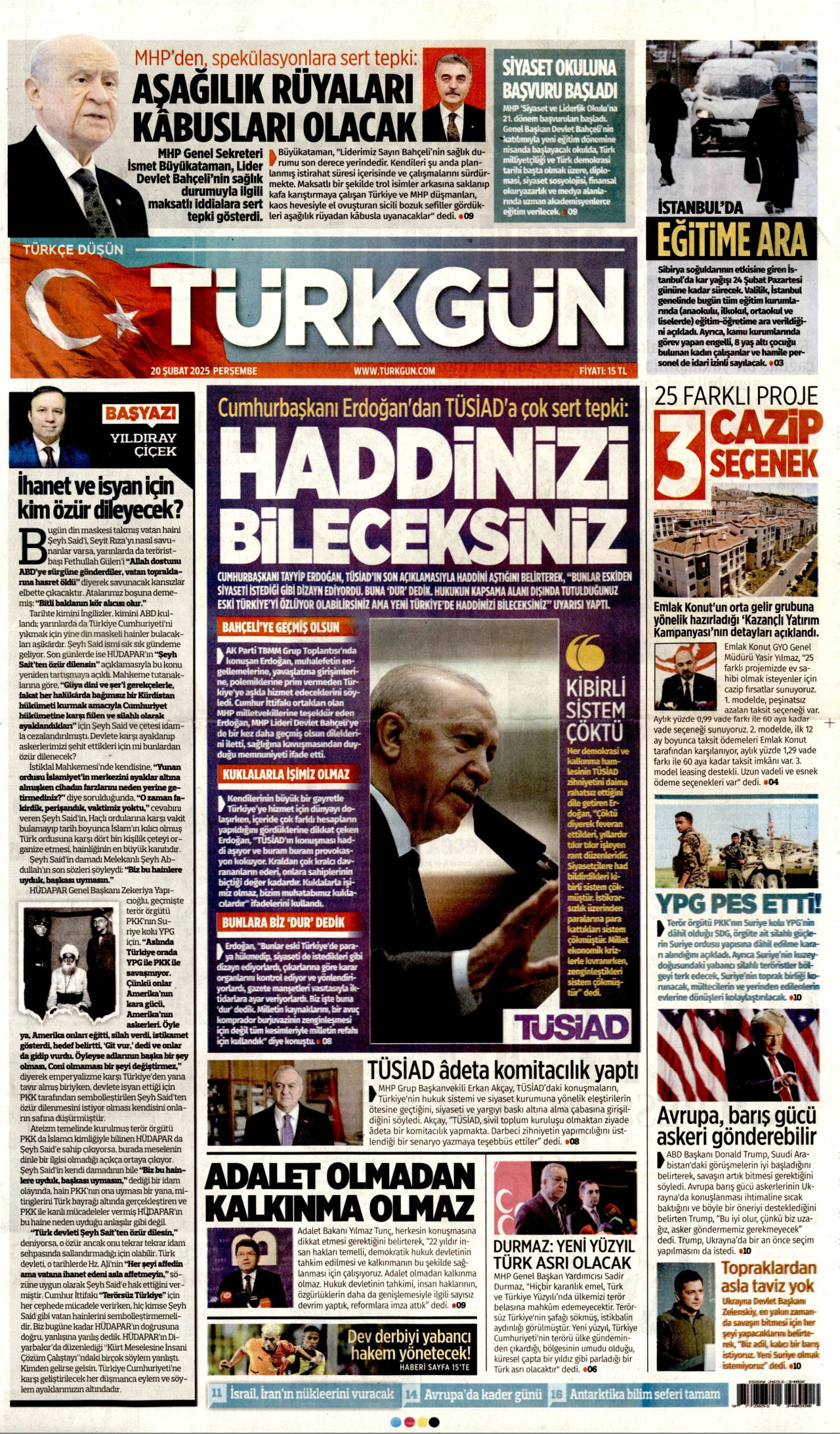 TÜRKGÜN gazetesinin 20 Şubat 2025 tarihli birinci sayfası