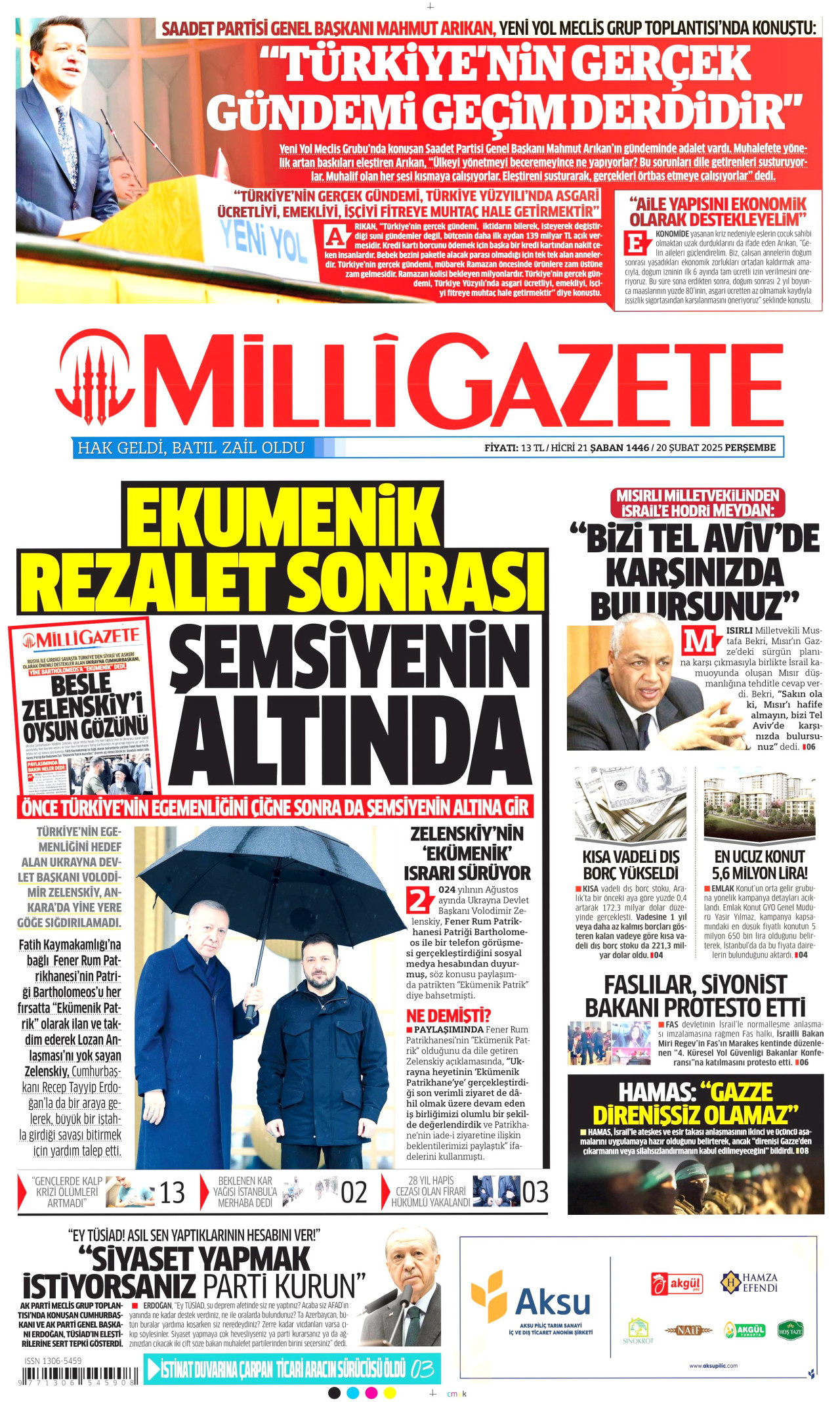 MİLLİ GAZETE gazetesinin 20 Şubat 2025 tarihli birinci sayfası