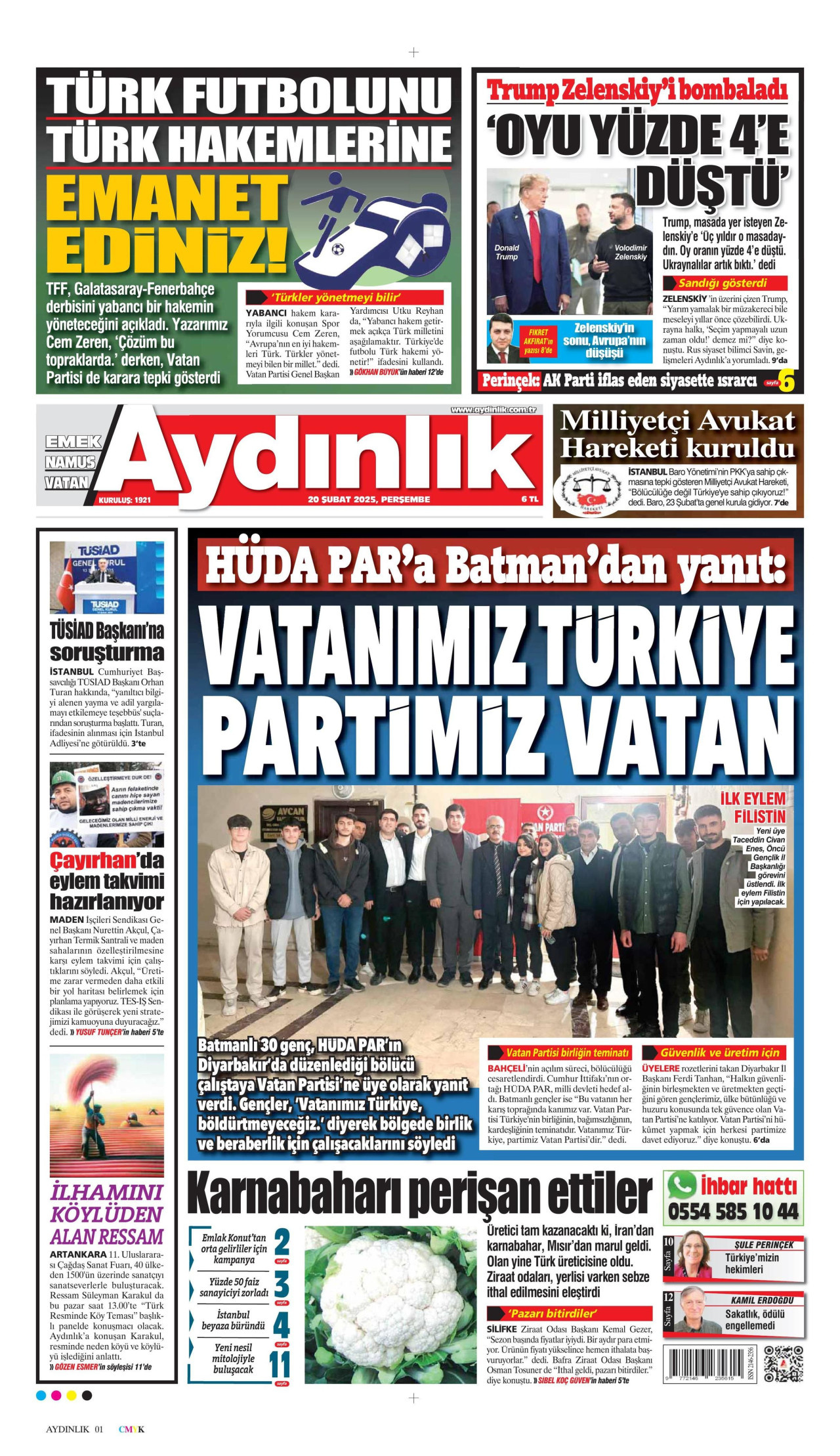 AYDINLIK GAZETESİ gazetesinin 20 Şubat 2025 tarihli birinci sayfası