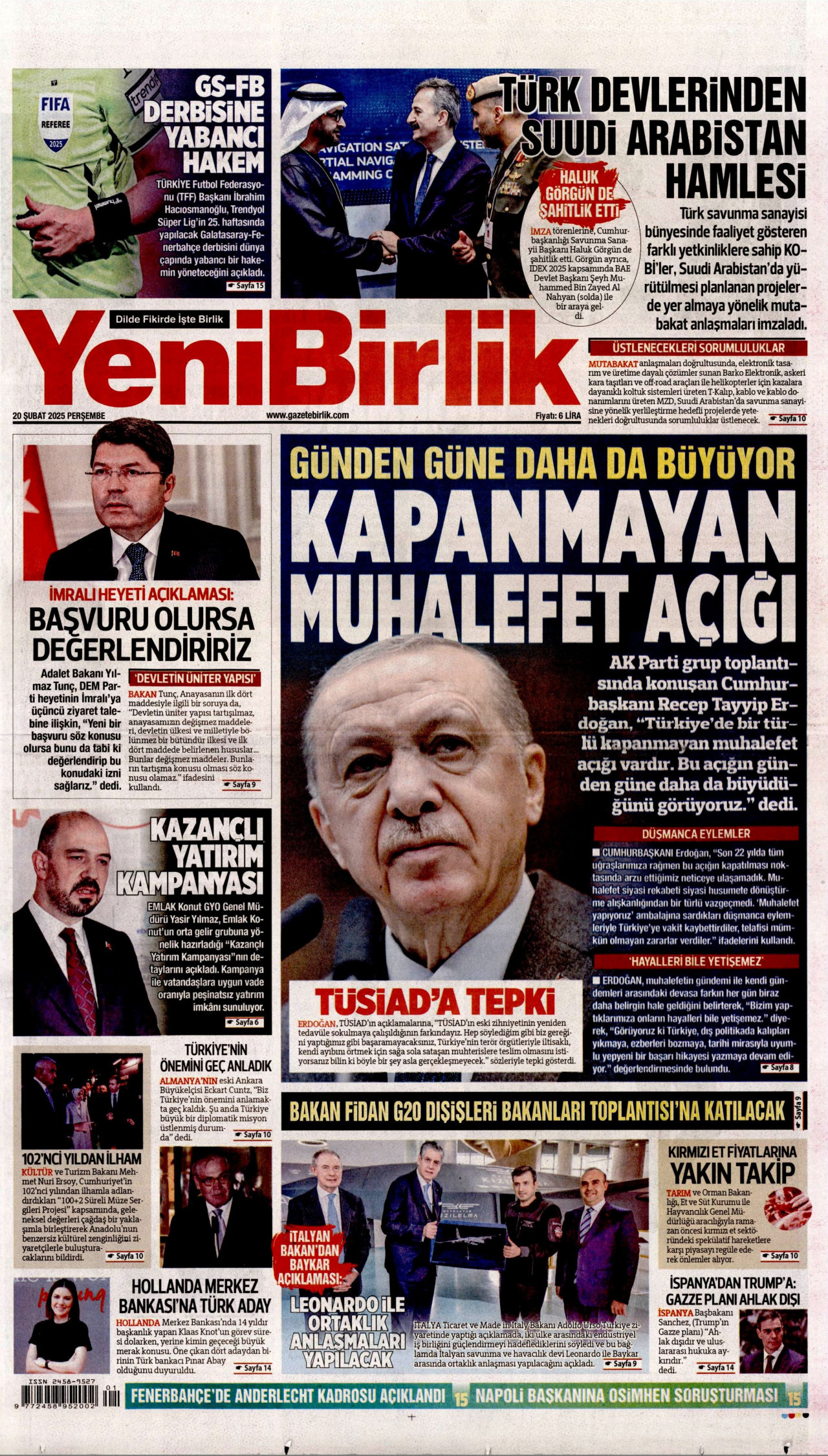 YENİBİRLİK gazetesinin 20 Şubat 2025 tarihli birinci sayfası