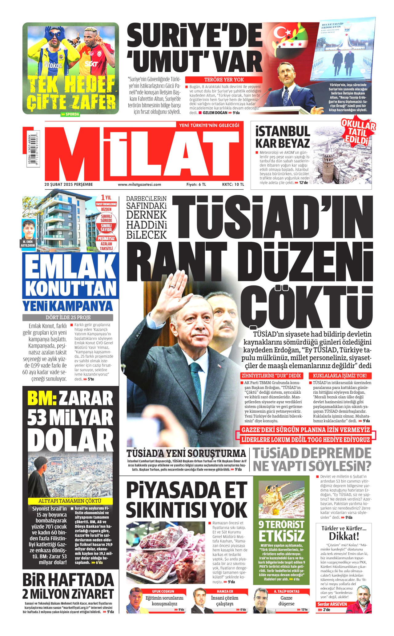 MİLAT gazetesinin 20 Şubat 2025 tarihli birinci sayfası