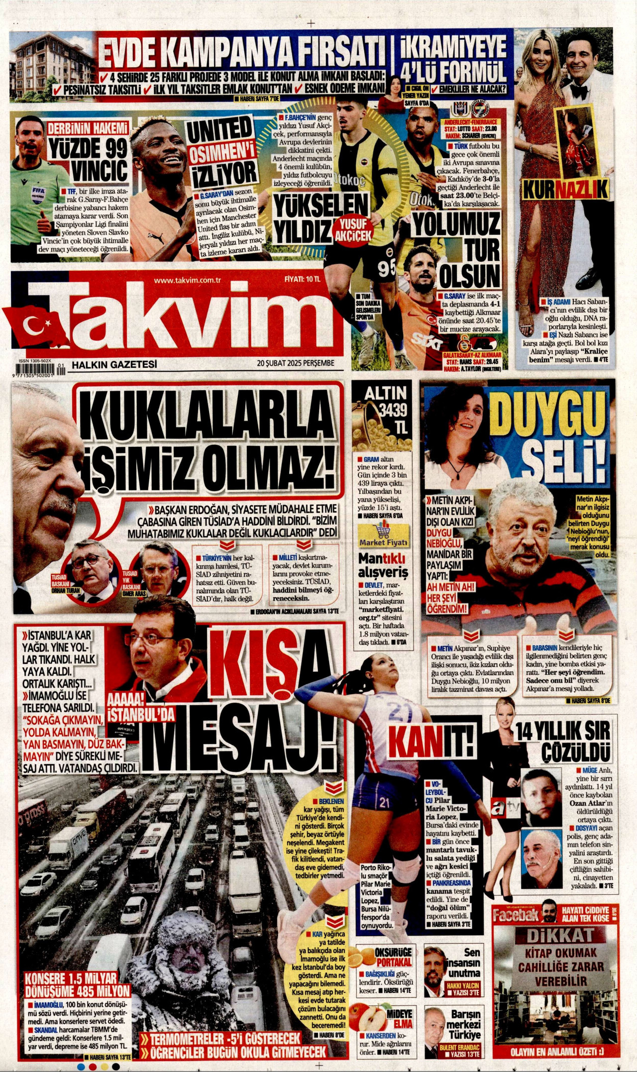 TAKVİM gazetesinin 20 Şubat 2025 tarihli birinci sayfası