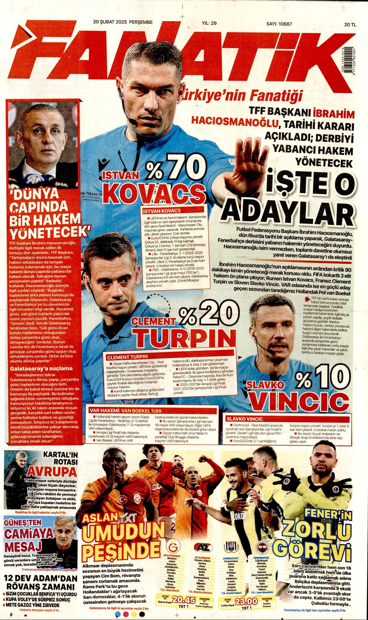 FANATİK gazetesinin 20 Şubat 2025 tarihli birinci sayfası