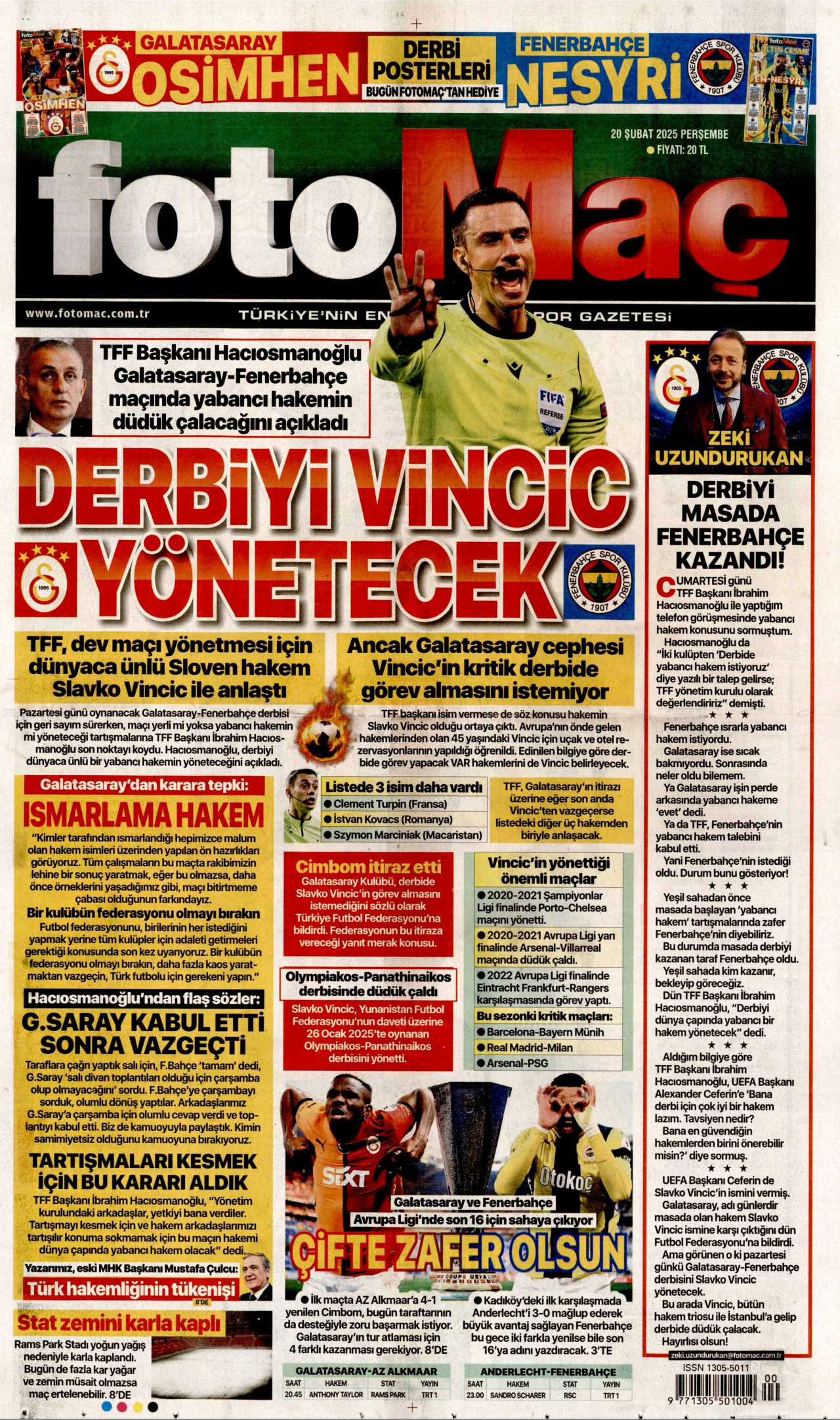 FOTOMAÇ gazetesinin 20 Şubat 2025 tarihli birinci sayfası