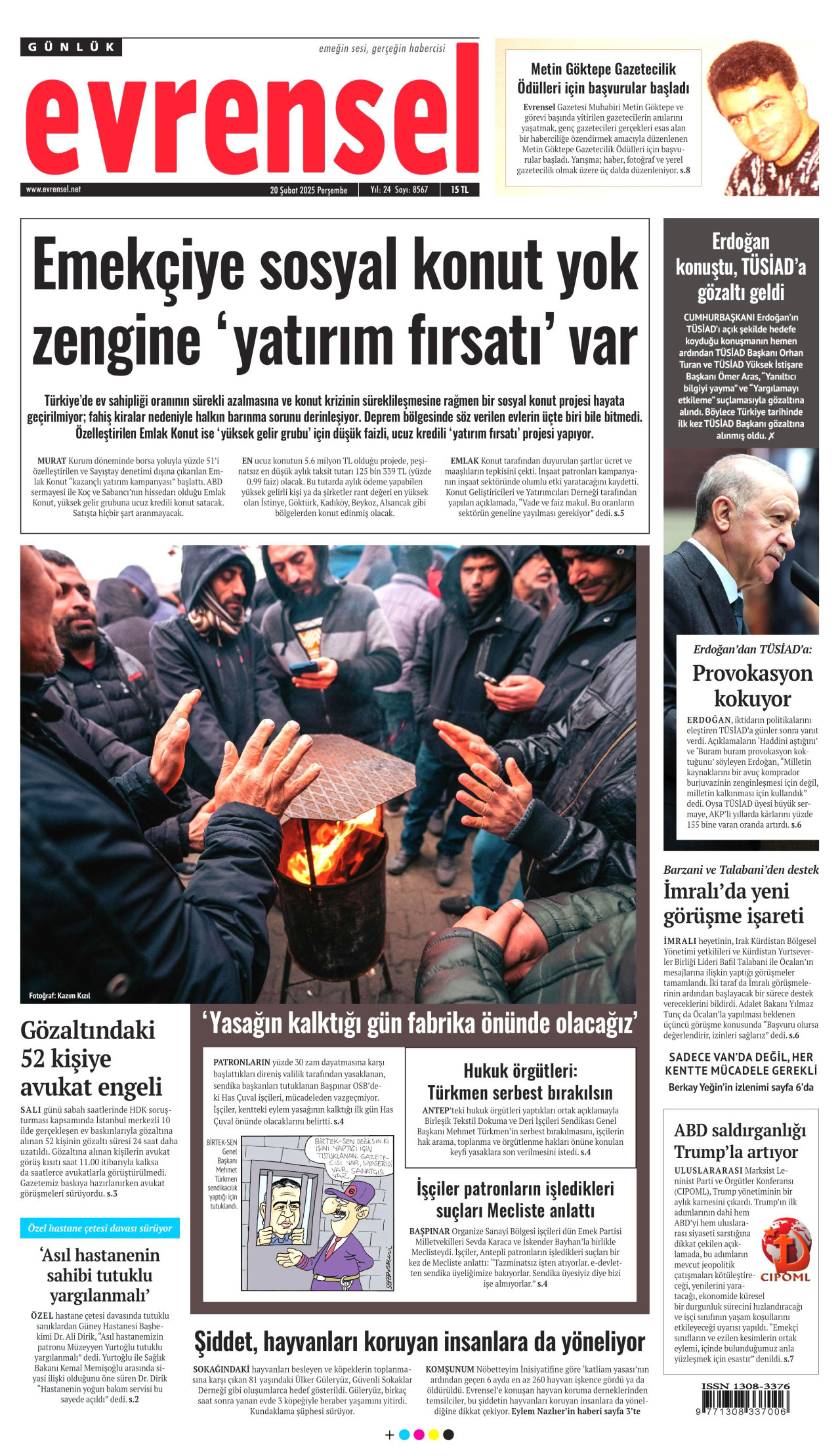 EVRENSEL gazetesinin 20 Şubat 2025 tarihli birinci sayfası