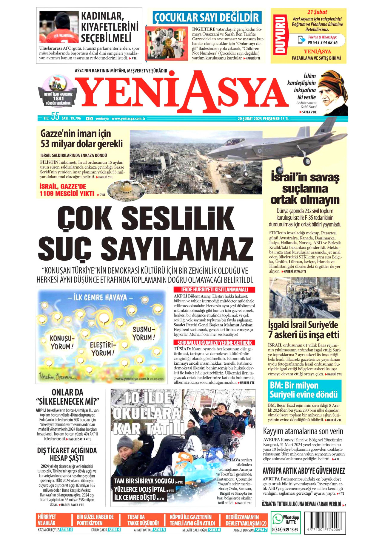 YENİ ASYA gazetesinin 20 Şubat 2025 tarihli birinci sayfası
