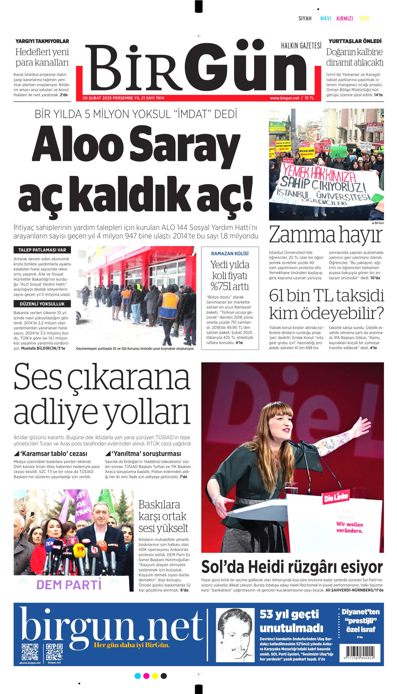 BİRGÜN gazetesinin 20 Şubat 2025 tarihli birinci sayfası