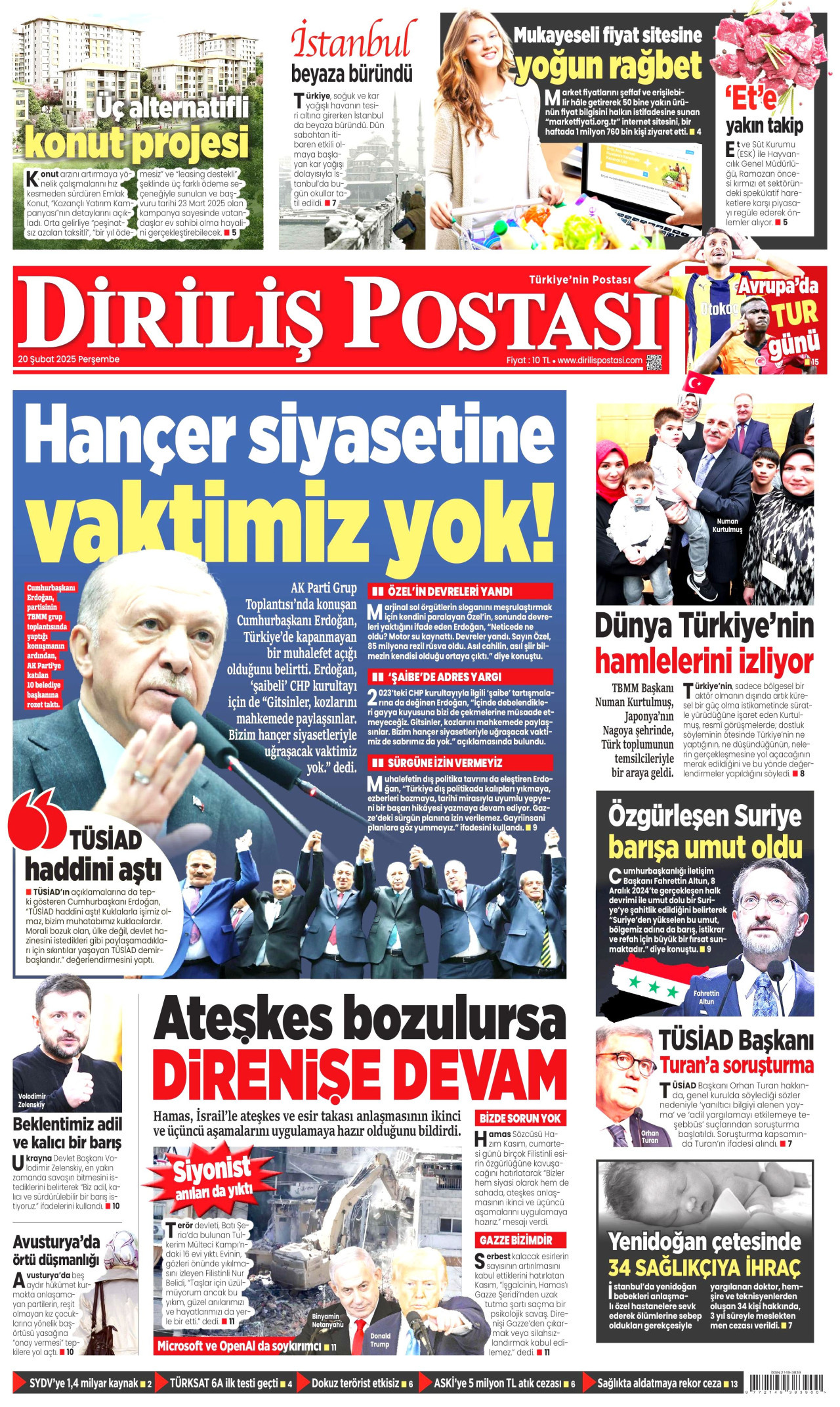 DİRİLİŞ POSTASI gazetesinin 20 Şubat 2025 tarihli birinci sayfası