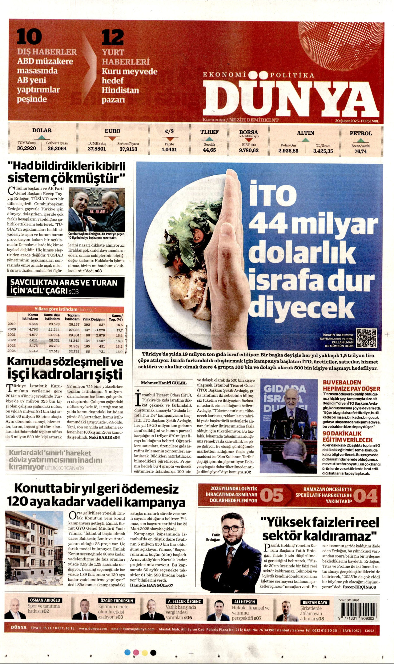 DÜNYA gazetesinin 20 Şubat 2025 tarihli birinci sayfası