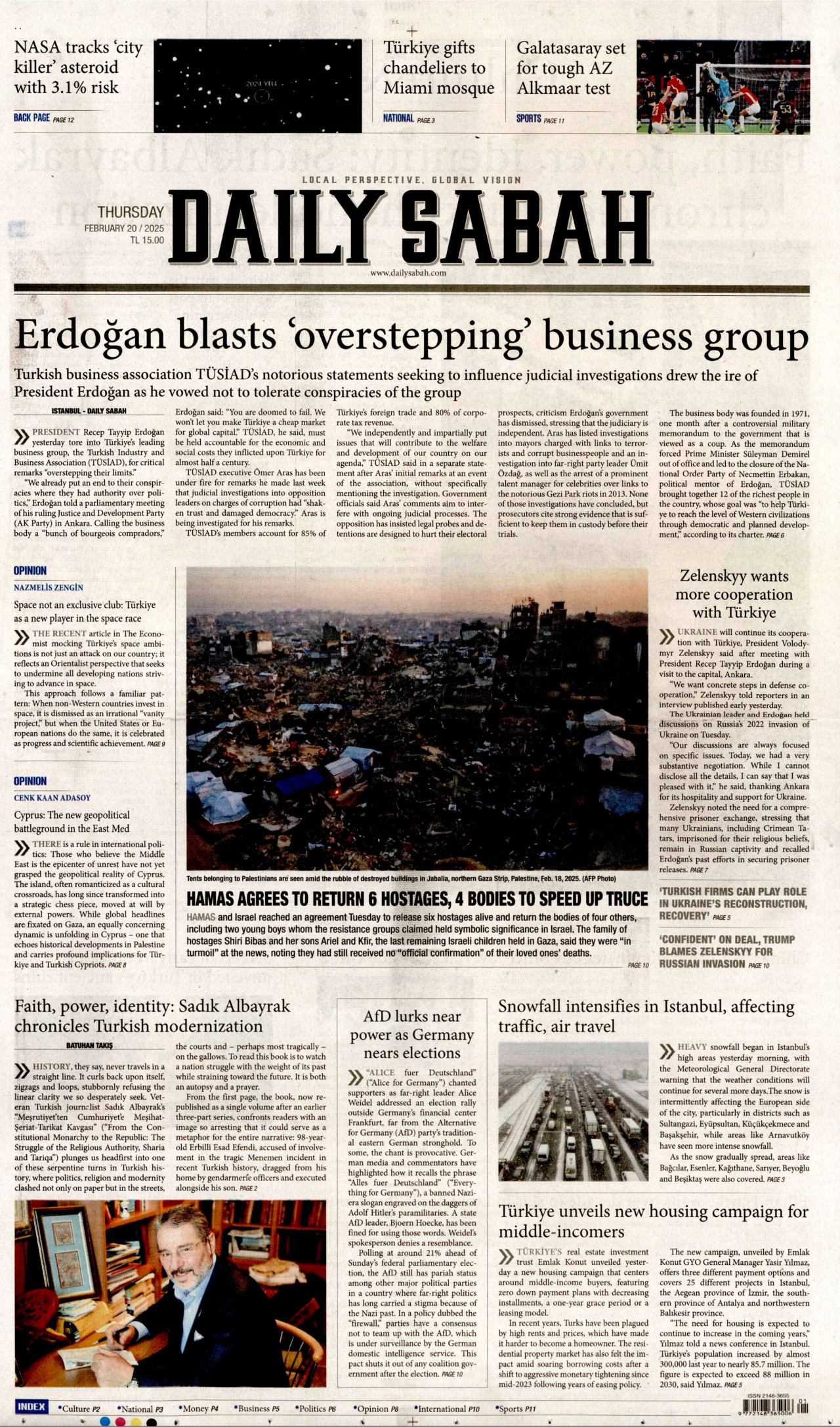 DAİLY SABAH gazetesinin 20 Şubat 2025 tarihli birinci sayfası
