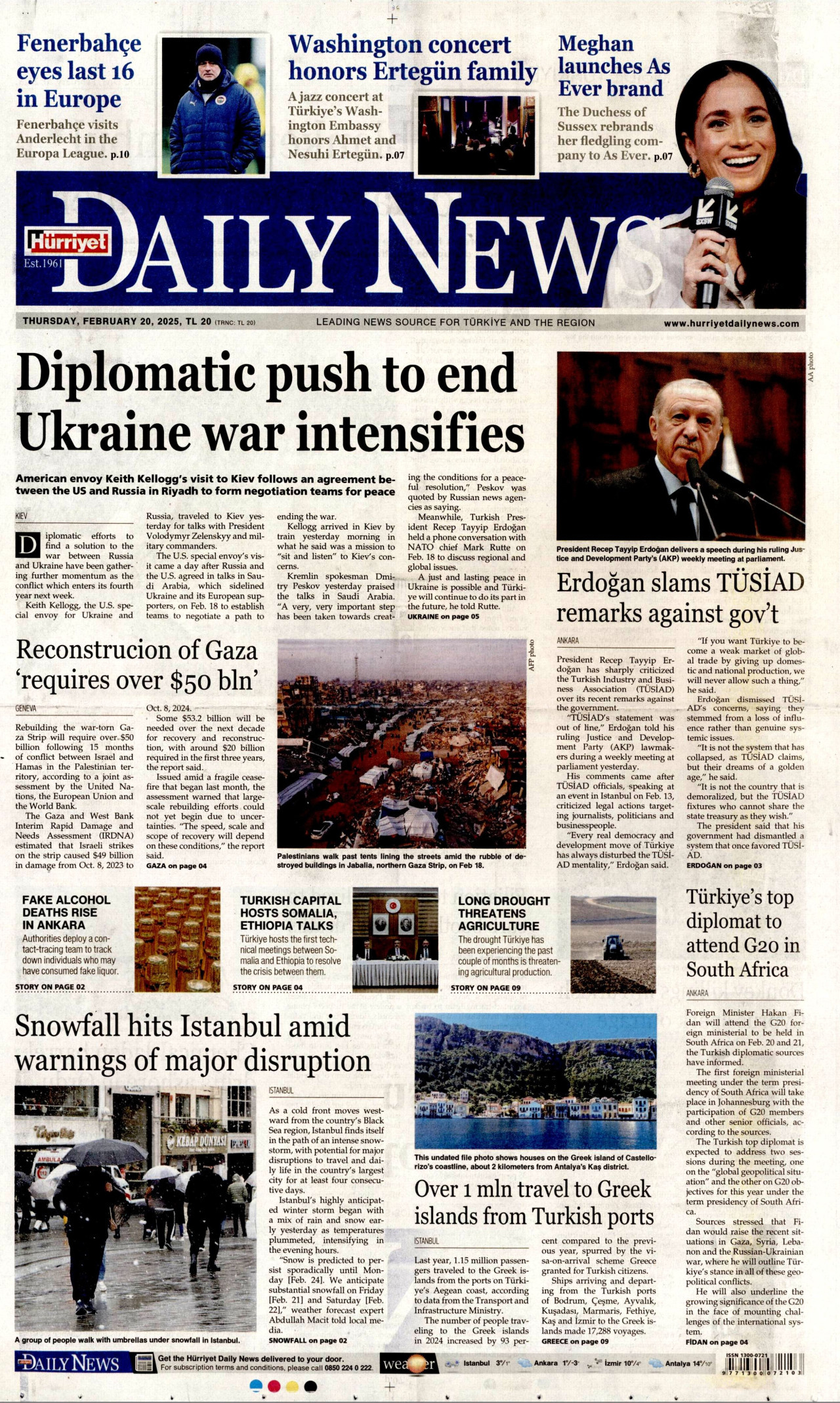 HÜRRİYET DAİLY NEWS gazetesinin 20 Şubat 2025 tarihli birinci sayfası