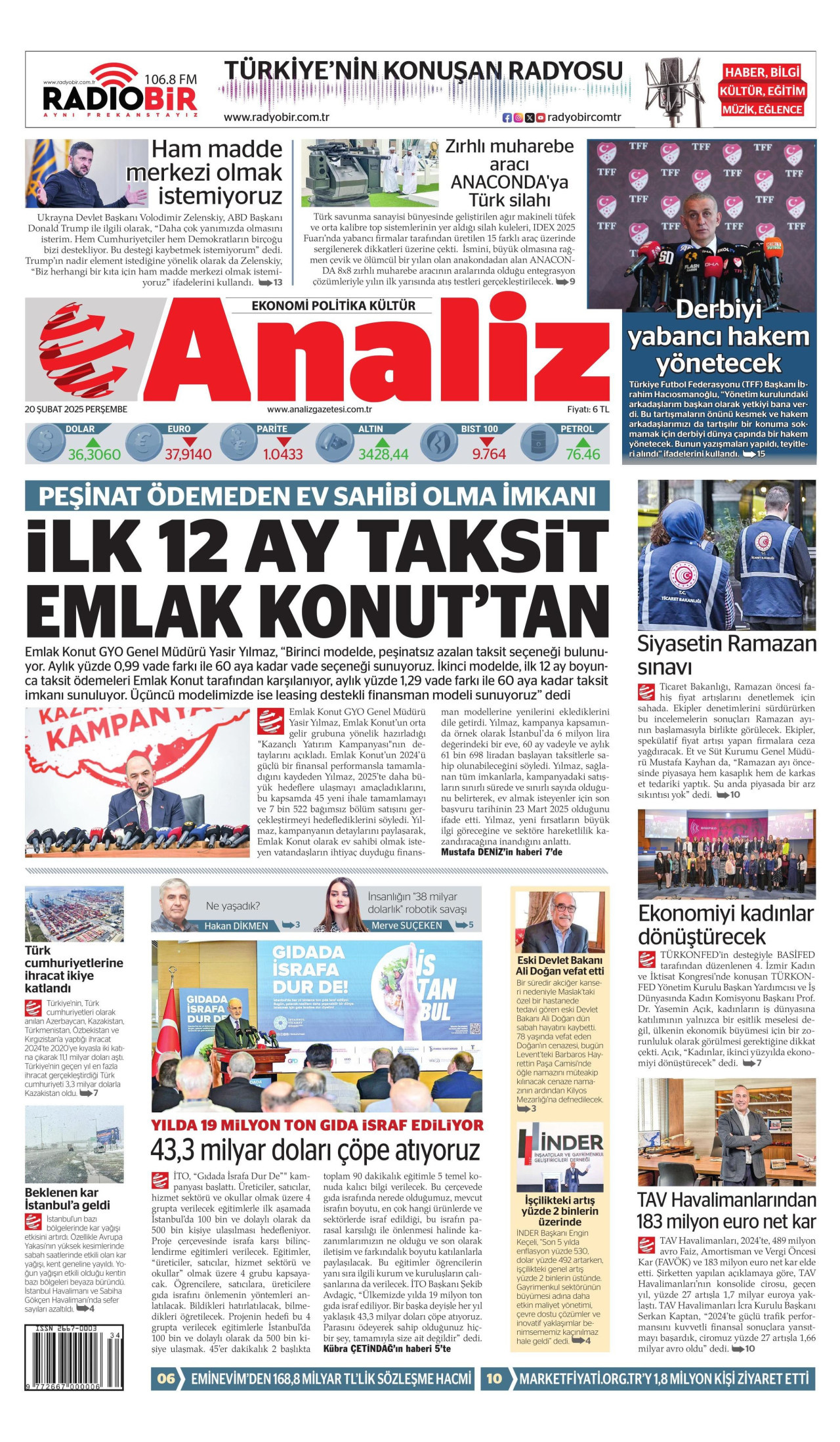 ANALİZ gazetesinin 20 Şubat 2025 tarihli birinci sayfası