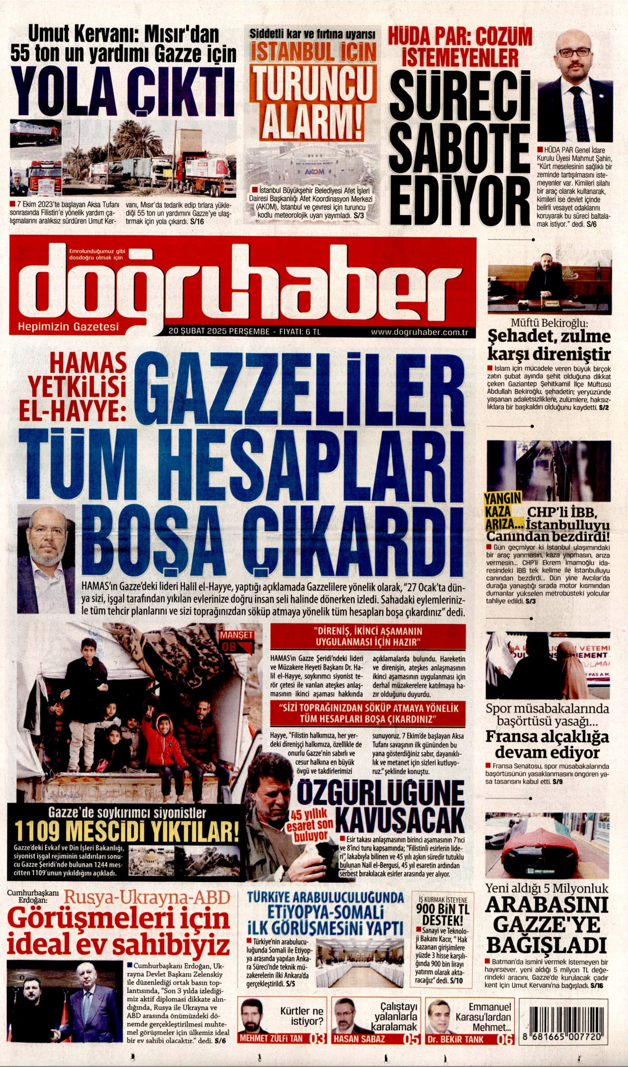 DOĞRU HABER gazetesinin 20 Şubat 2025 tarihli birinci sayfası