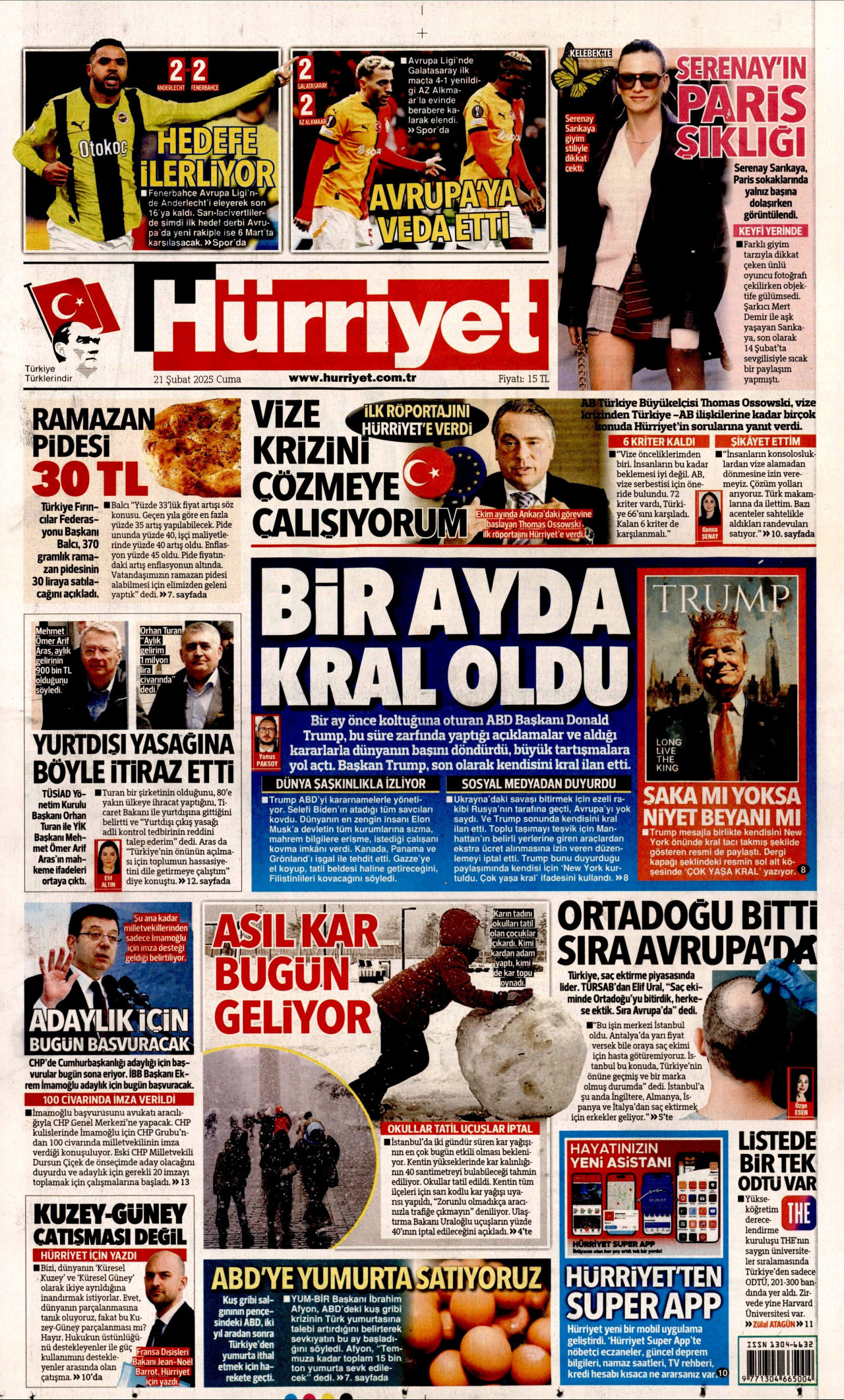 HÜRRİYET gazetesinin 21 Şubat 2025 tarihli birinci sayfası