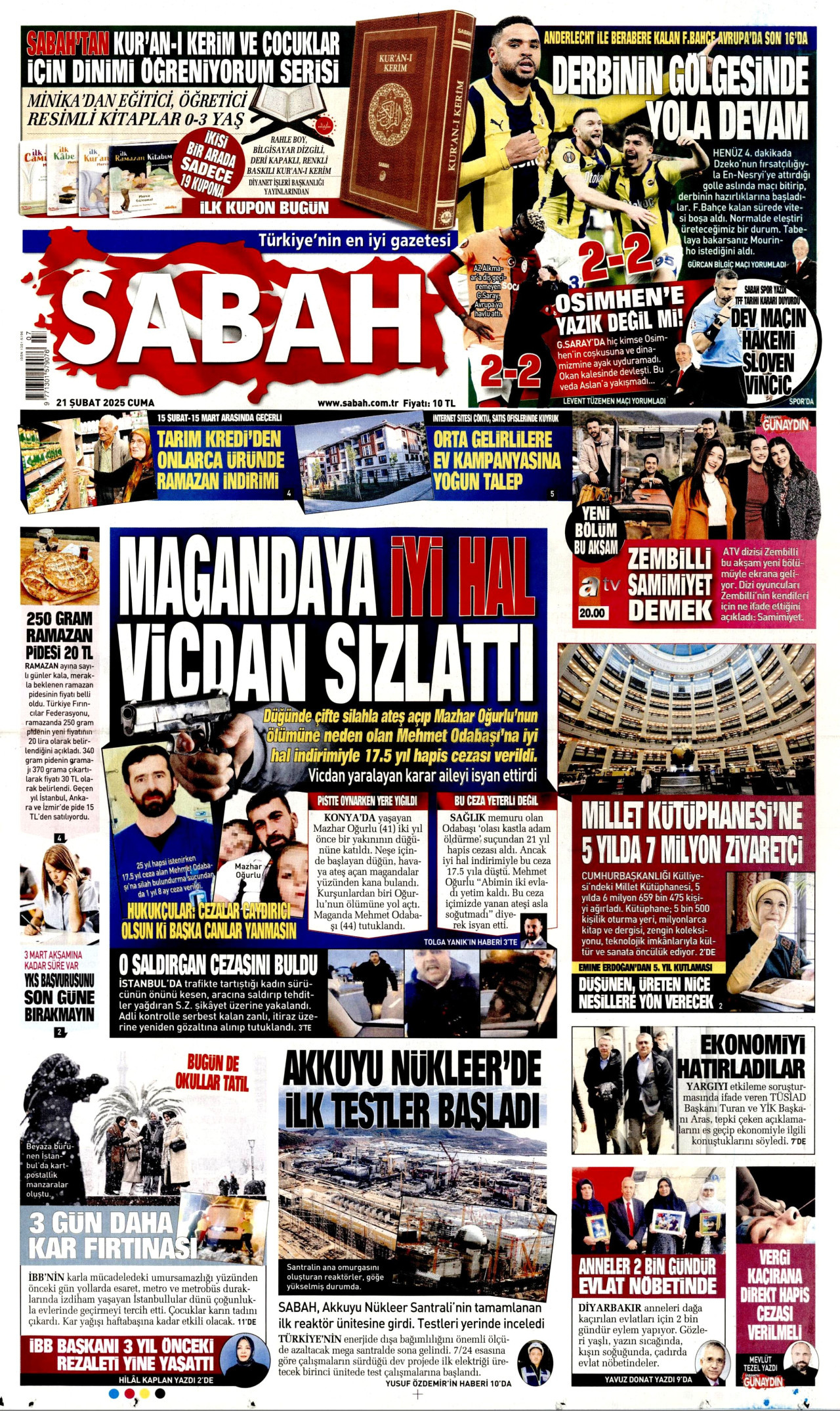 SABAH gazetesinin 21 Şubat 2025 tarihli birinci sayfası