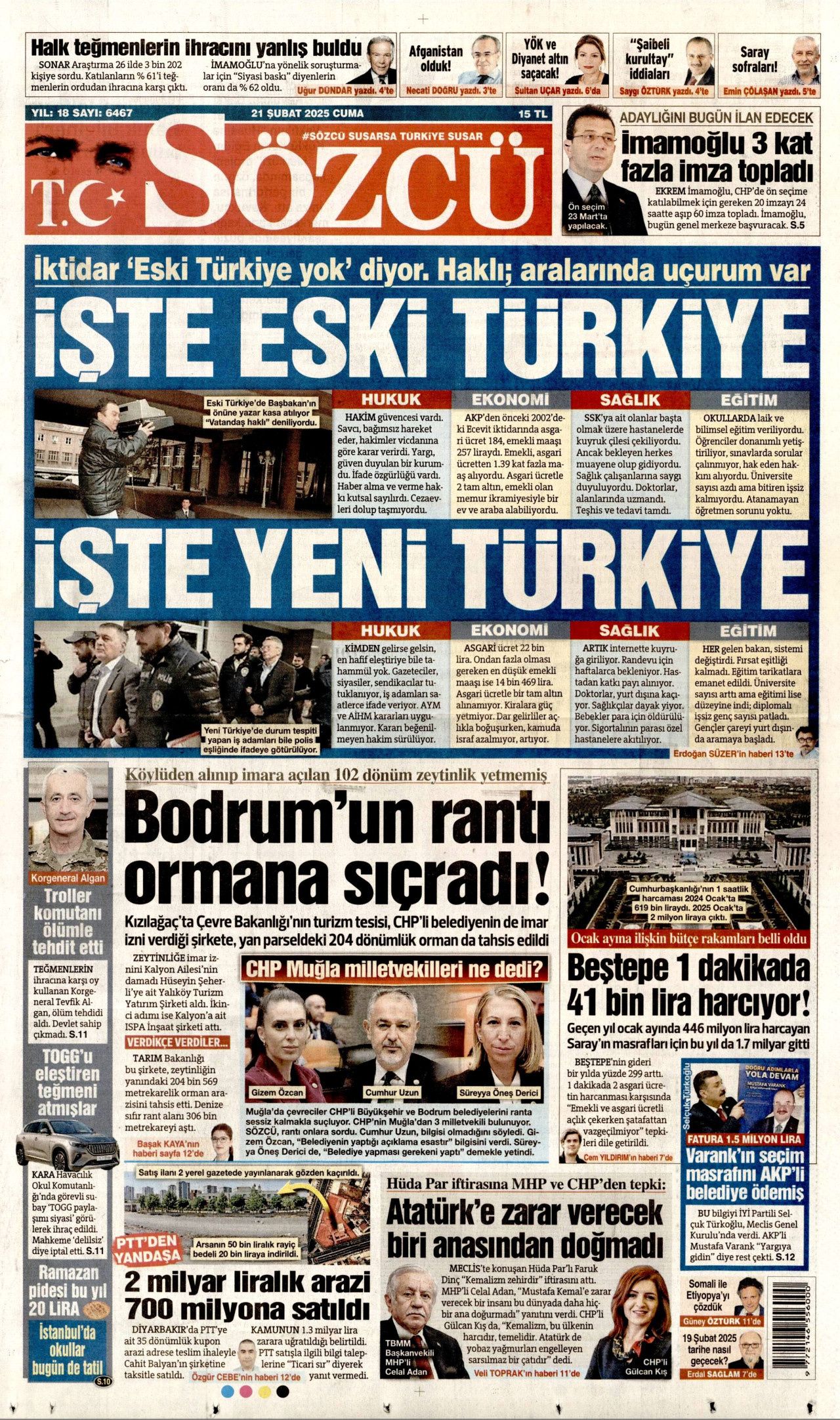 SÖZCÜ gazetesinin 21 Şubat 2025 tarihli birinci sayfası