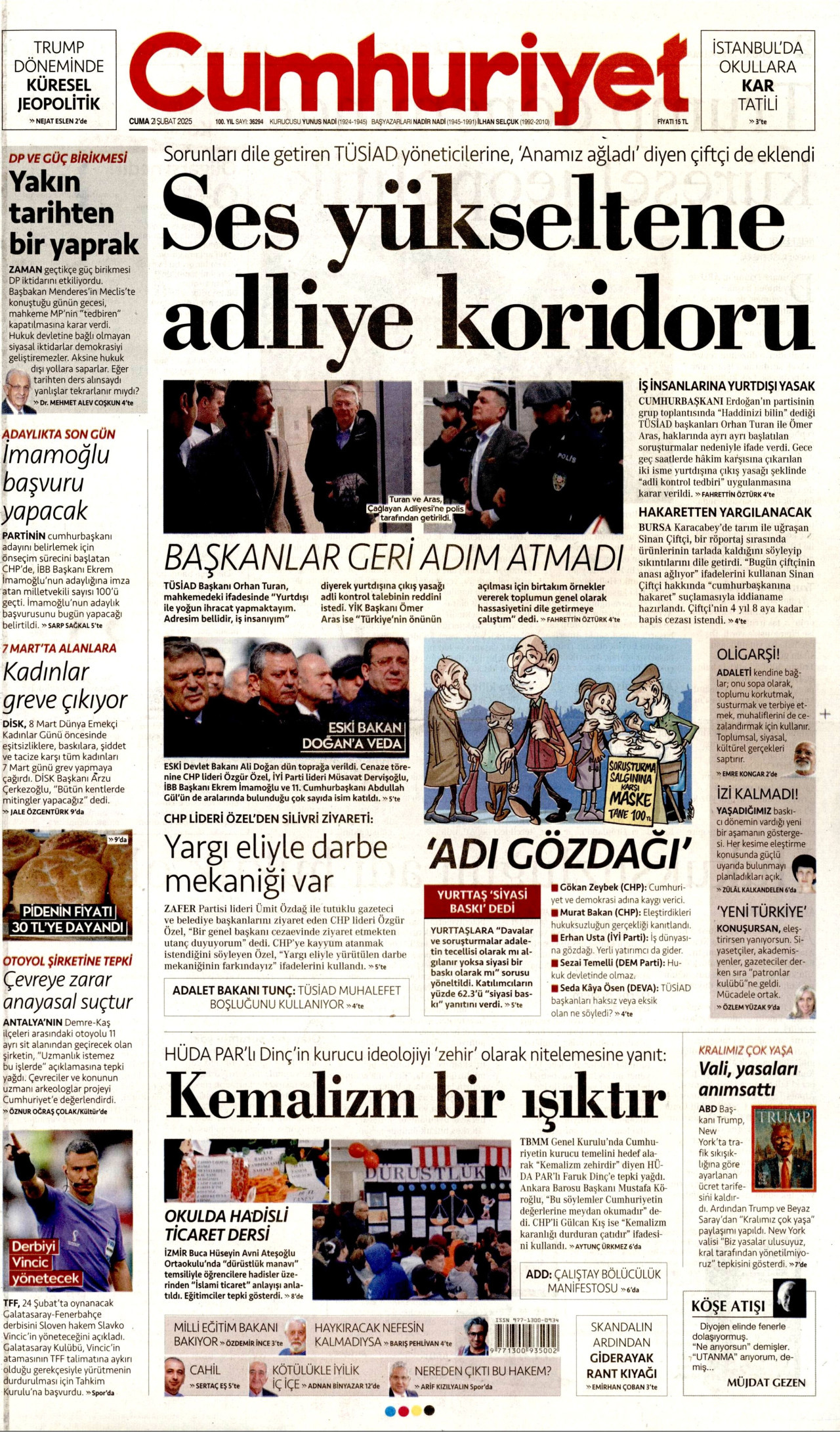 CUMHURİYET gazetesinin 21 Şubat 2025 tarihli birinci sayfası