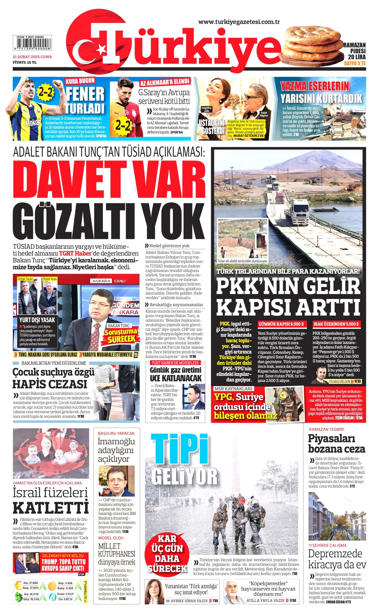 TÜRKİYE GAZETESİ gazetesinin 21 Şubat 2025 tarihli birinci sayfası