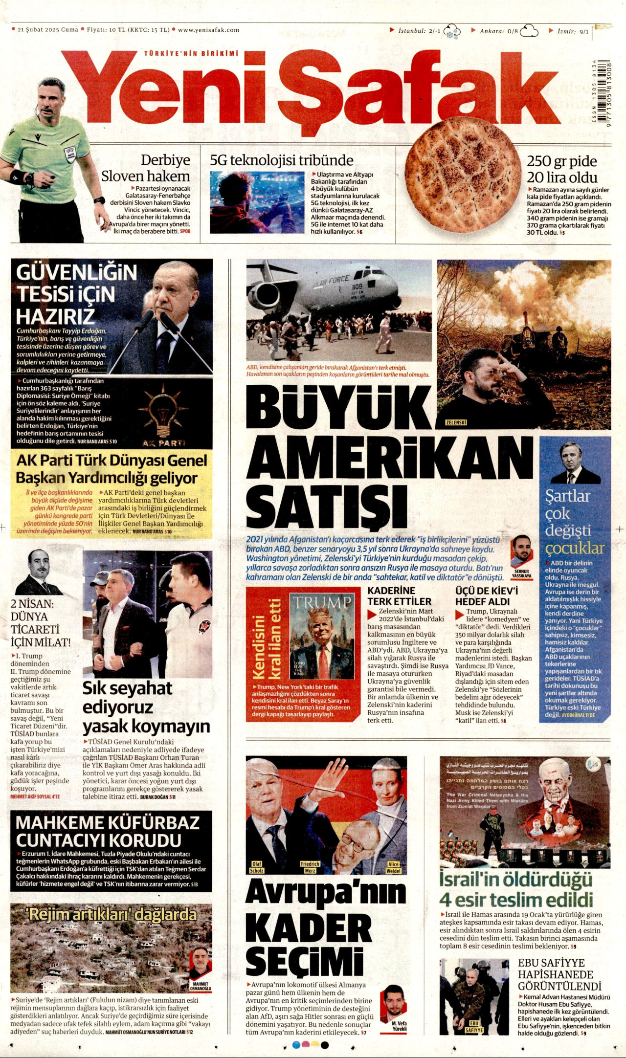 YENİ ŞAFAK gazetesinin 21 Şubat 2025 tarihli birinci sayfası
