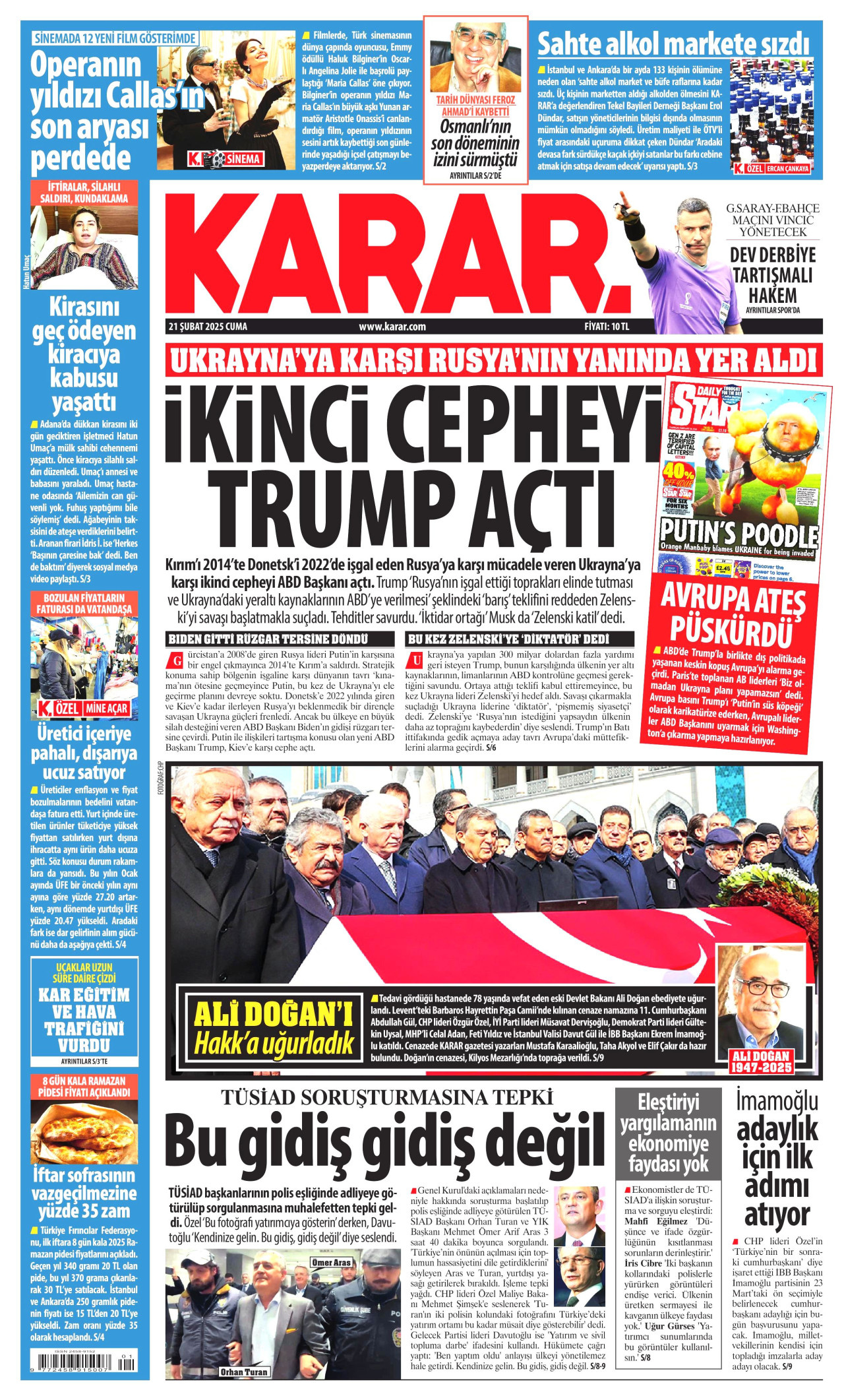 KARAR gazetesinin 21 Şubat 2025 tarihli birinci sayfası