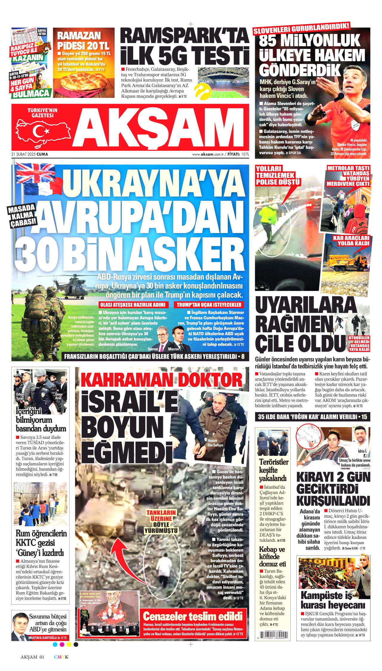 AKŞAM gazetesinin 21 Şubat 2025 tarihli birinci sayfası