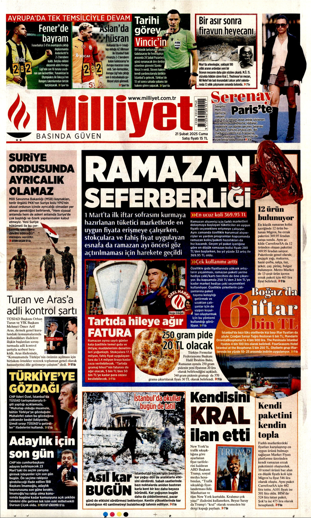 MİLLİYET gazetesinin 21 Şubat 2025 tarihli birinci sayfası