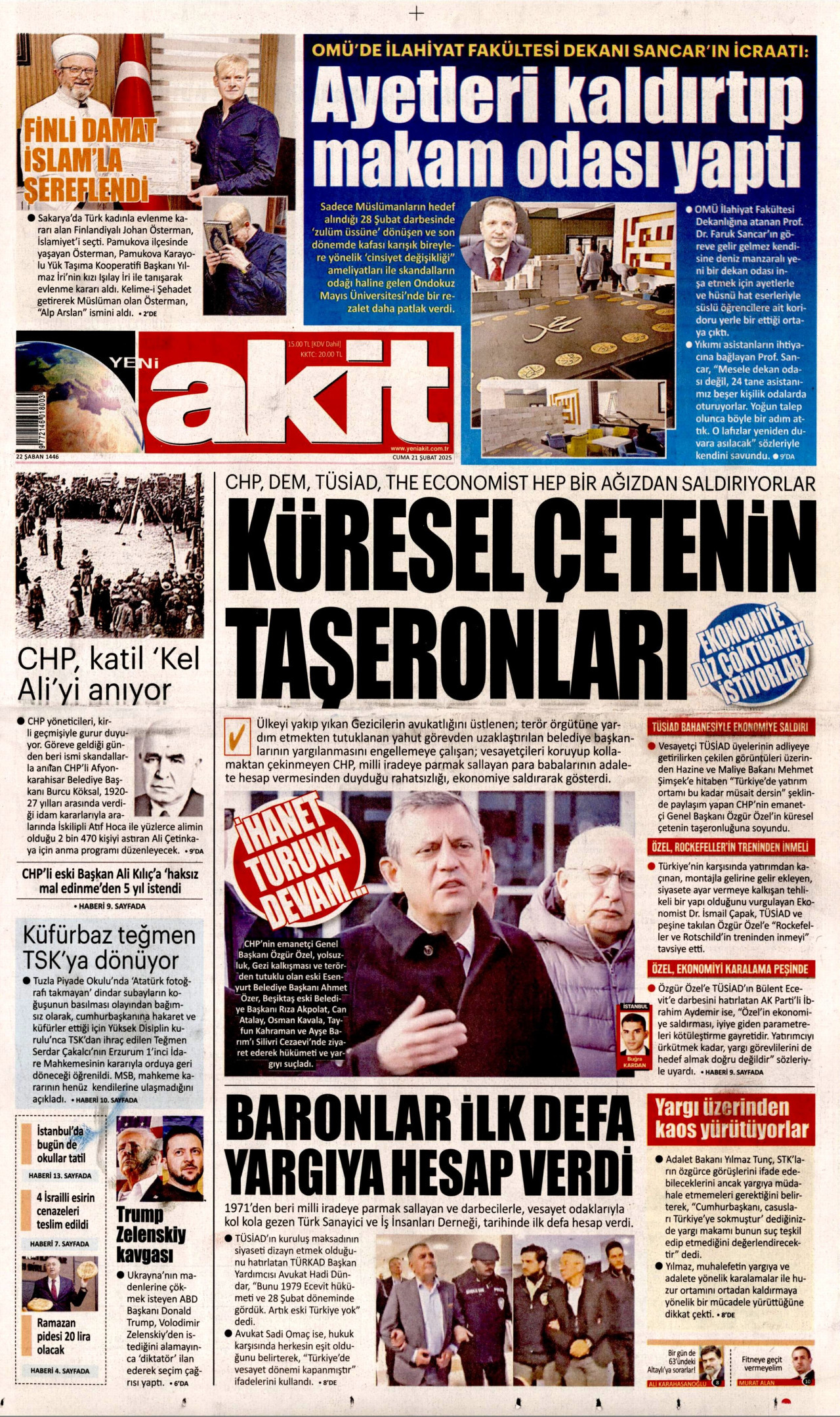 YENİ AKİT gazetesinin 21 Şubat 2025 tarihli birinci sayfası