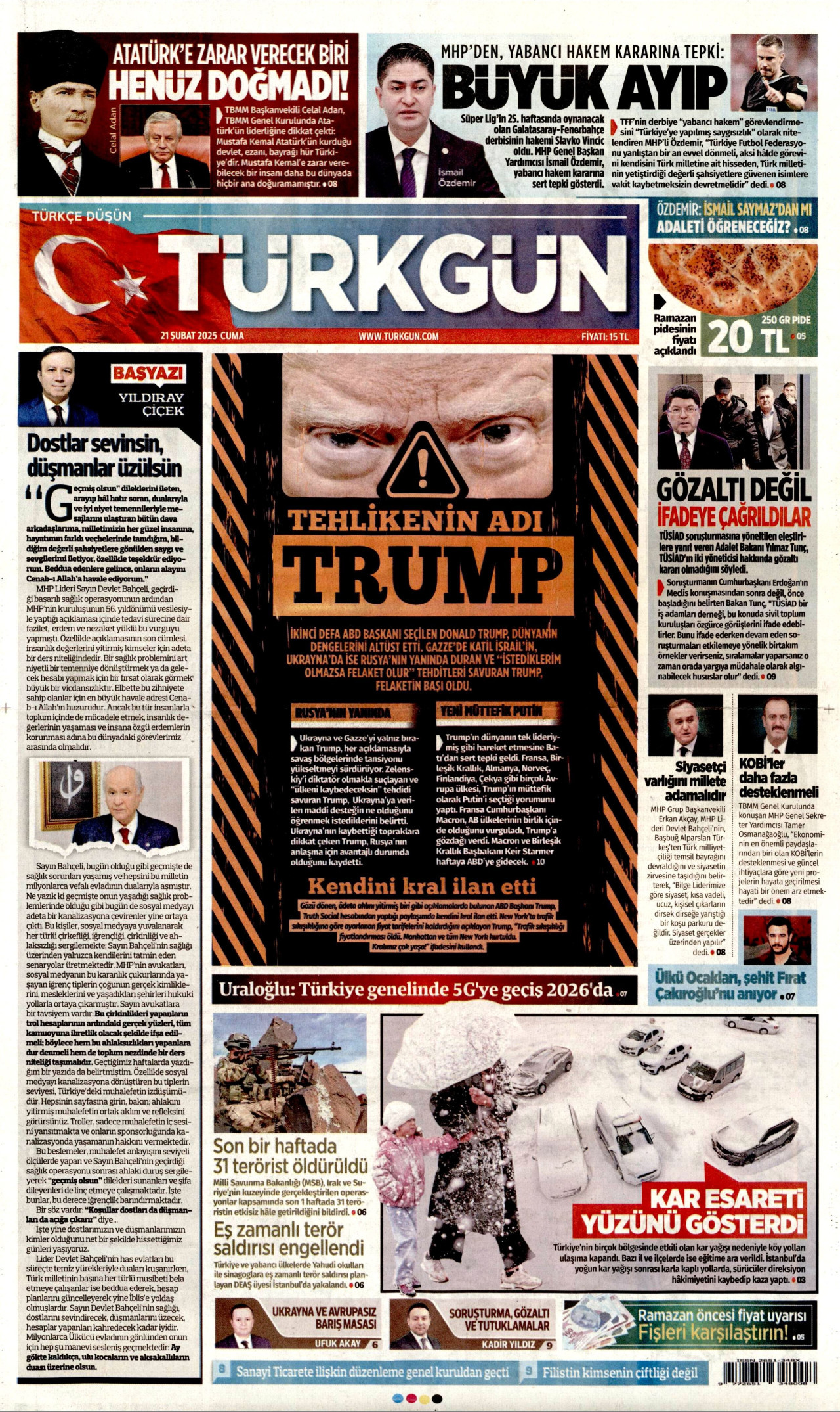 TÜRKGÜN gazetesinin 21 Şubat 2025 tarihli birinci sayfası