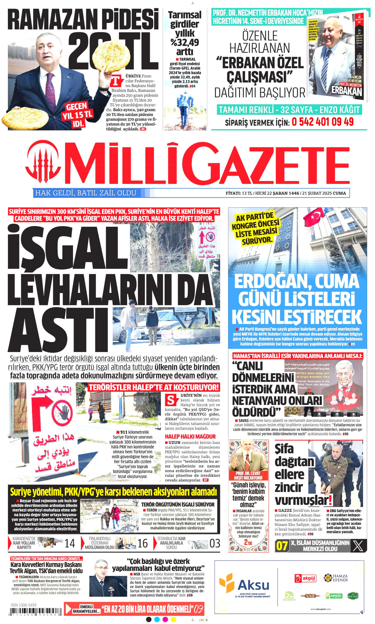 MİLLİ GAZETE gazetesinin 21 Şubat 2025 tarihli birinci sayfası
