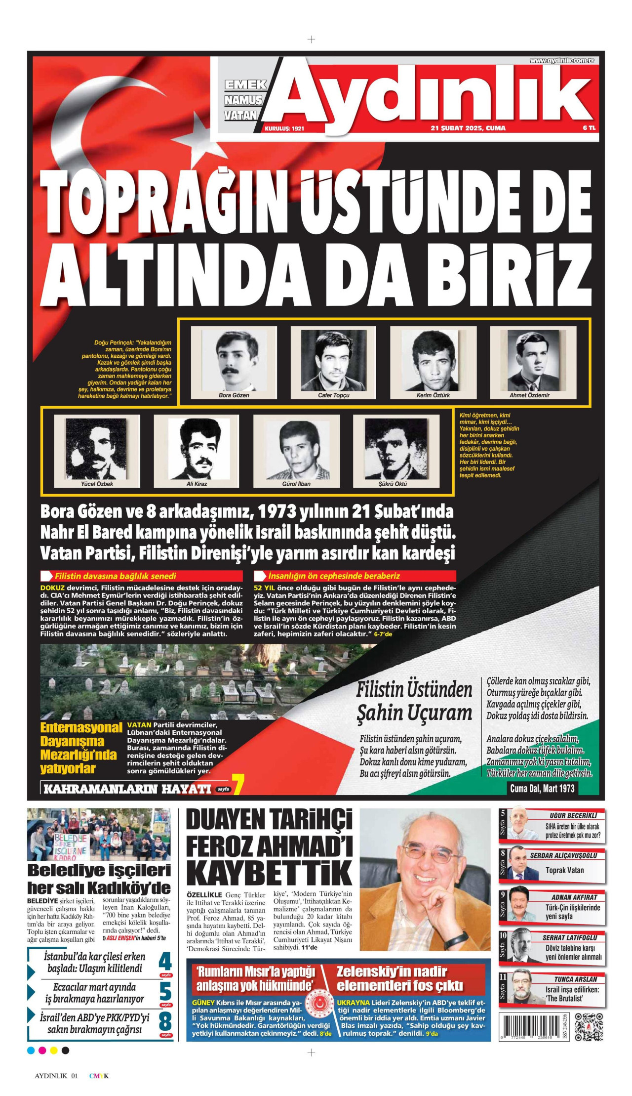 AYDINLIK GAZETESİ gazetesinin 21 Şubat 2025 tarihli birinci sayfası