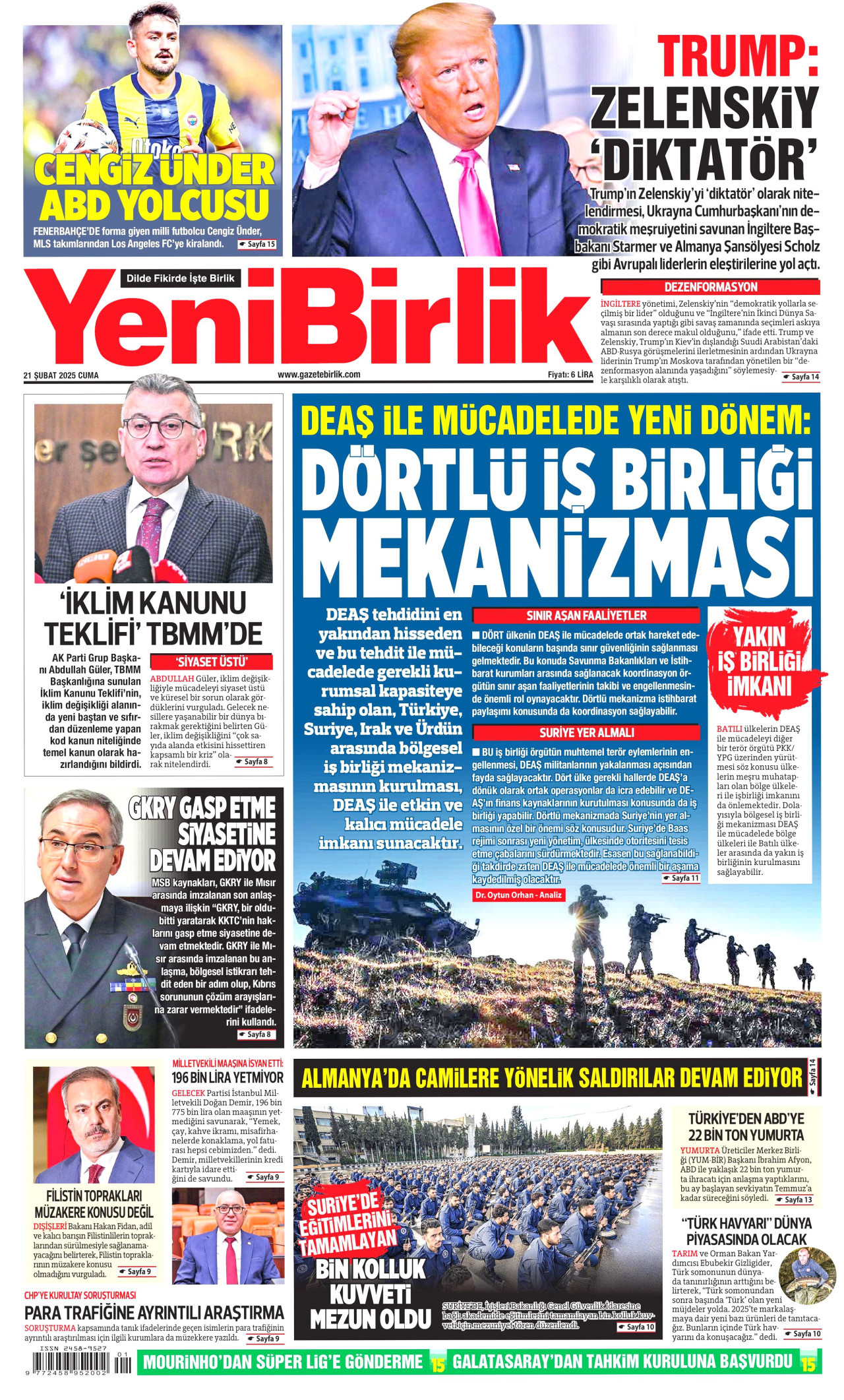 YENİBİRLİK gazetesinin 21 Şubat 2025 tarihli birinci sayfası