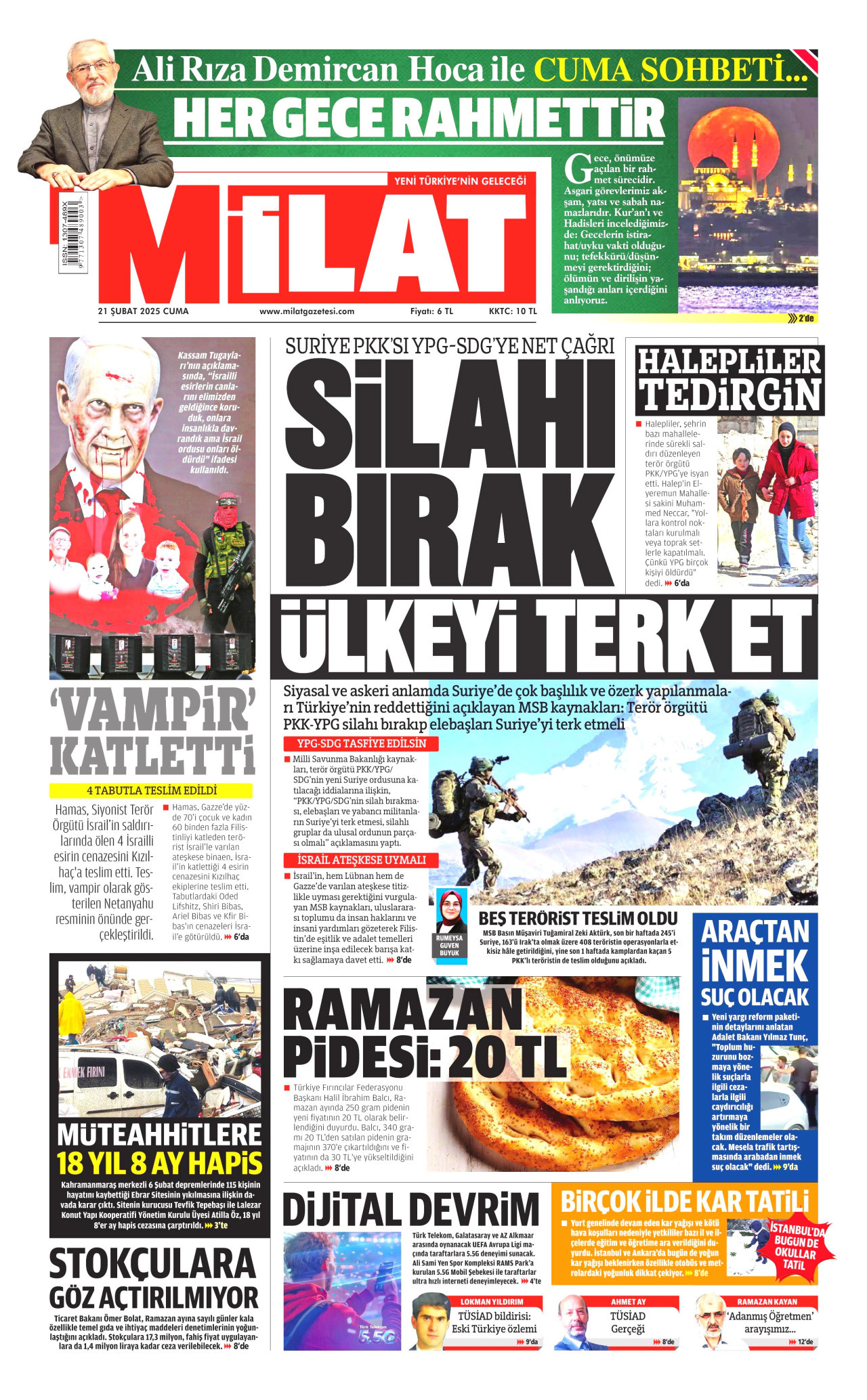 MİLAT gazetesinin 21 Şubat 2025 tarihli birinci sayfası