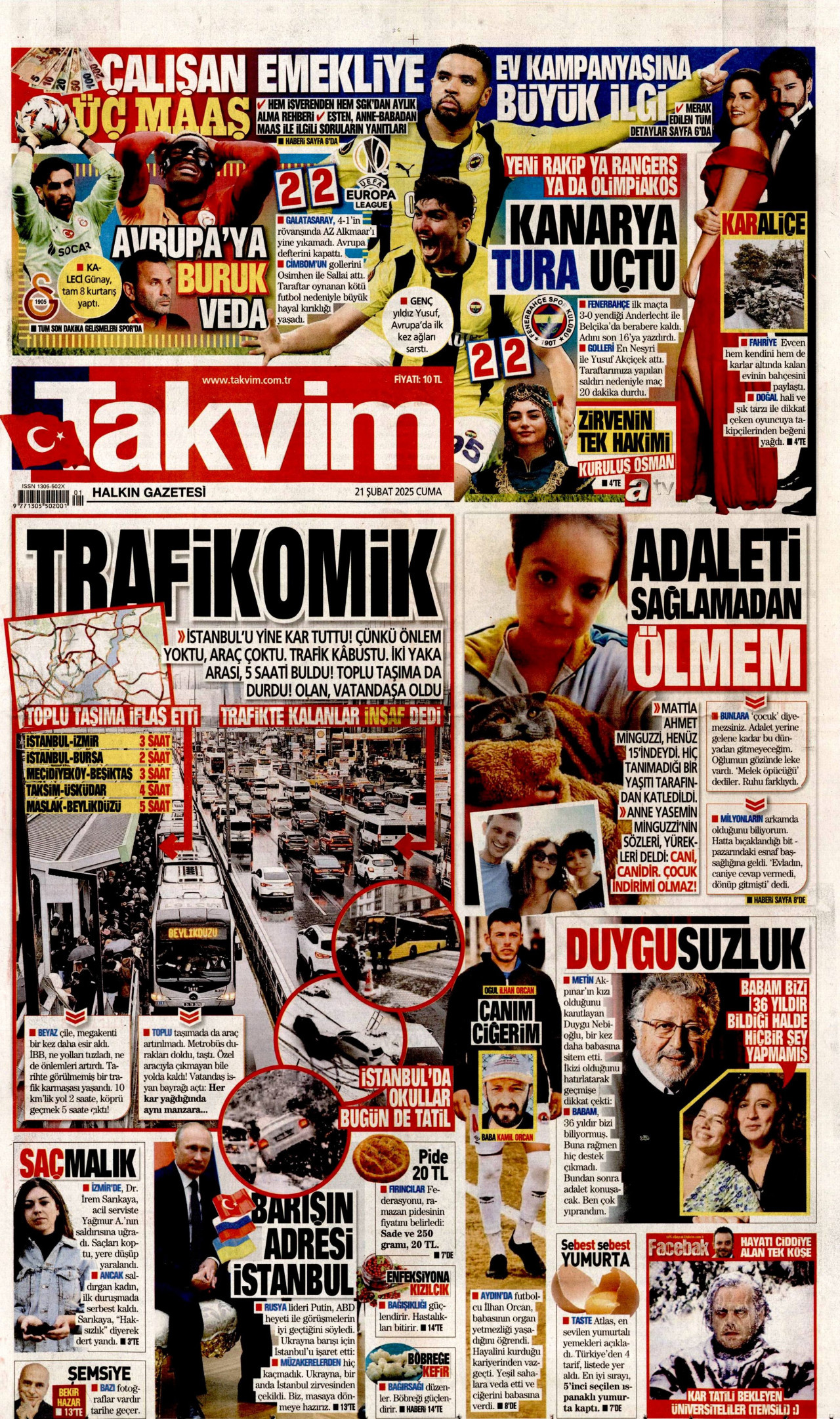 TAKVİM gazetesinin 21 Şubat 2025 tarihli birinci sayfası