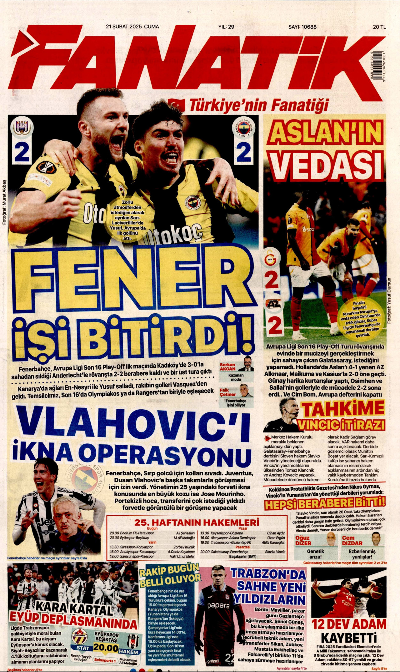 FANATİK gazetesinin 21 Şubat 2025 tarihli birinci sayfası