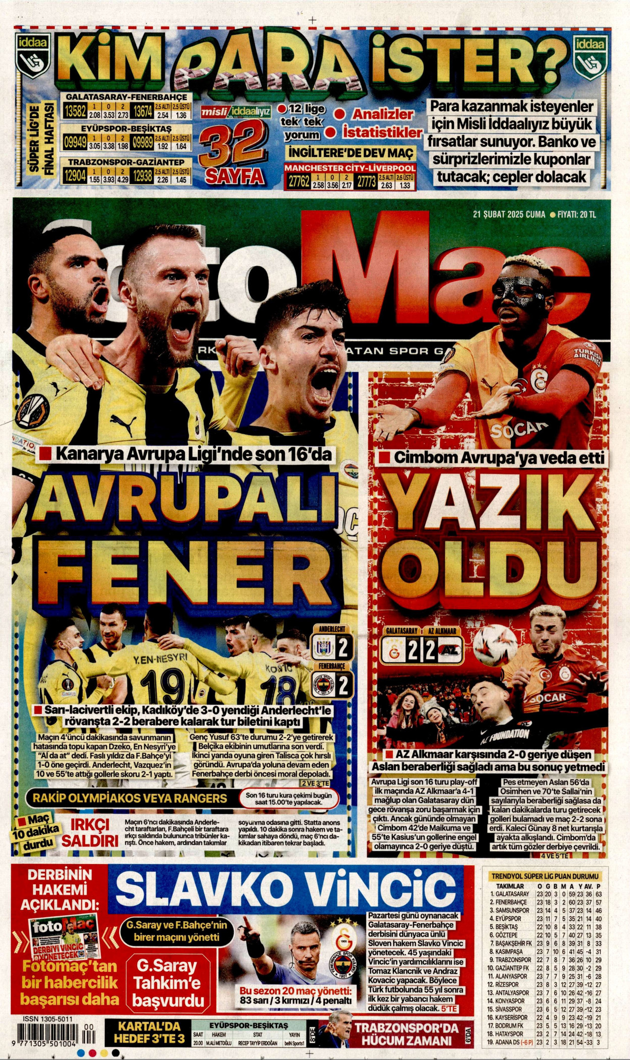FOTOMAÇ gazetesinin 21 Şubat 2025 tarihli birinci sayfası