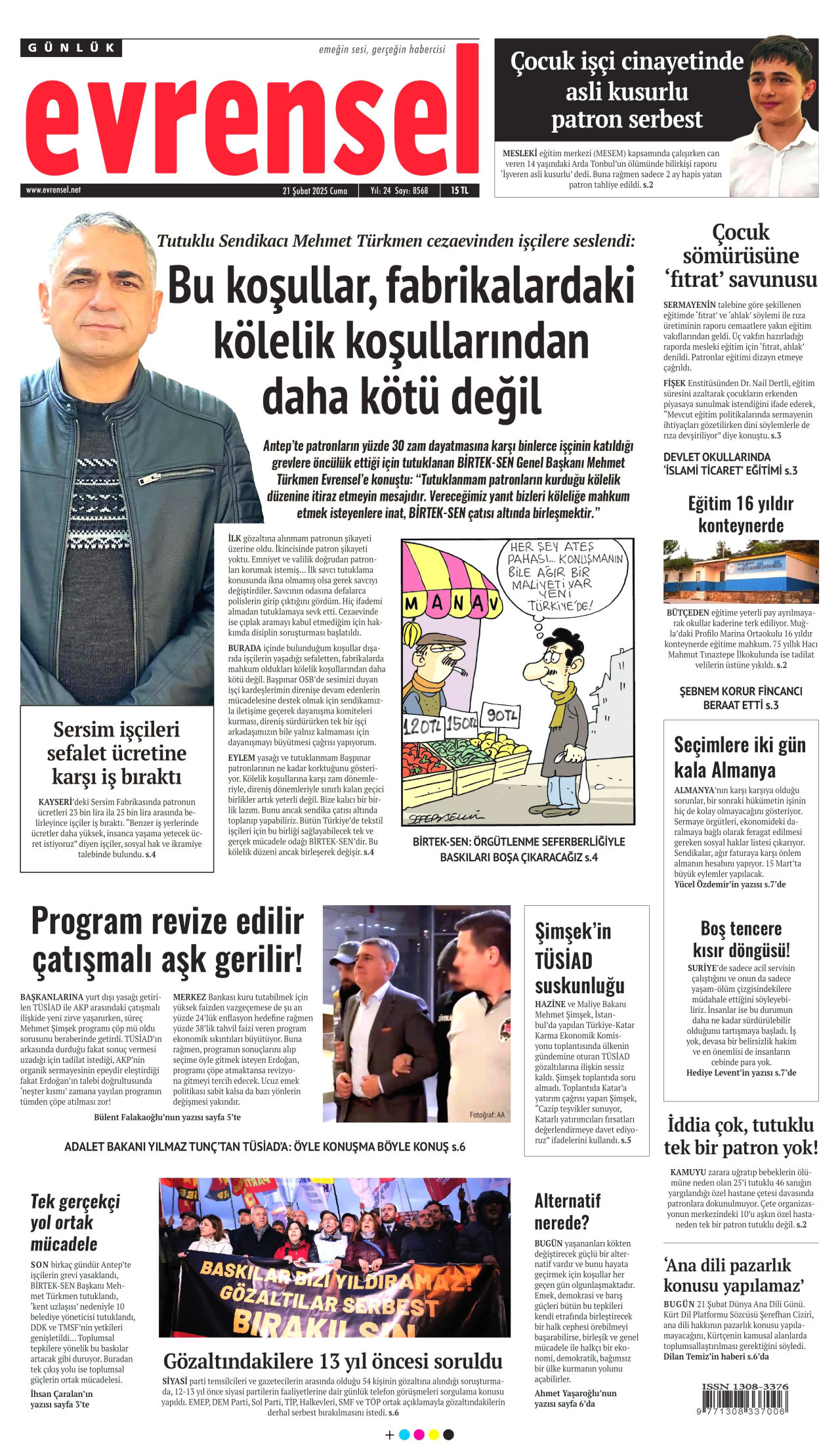 EVRENSEL gazetesinin 21 Şubat 2025 tarihli birinci sayfası