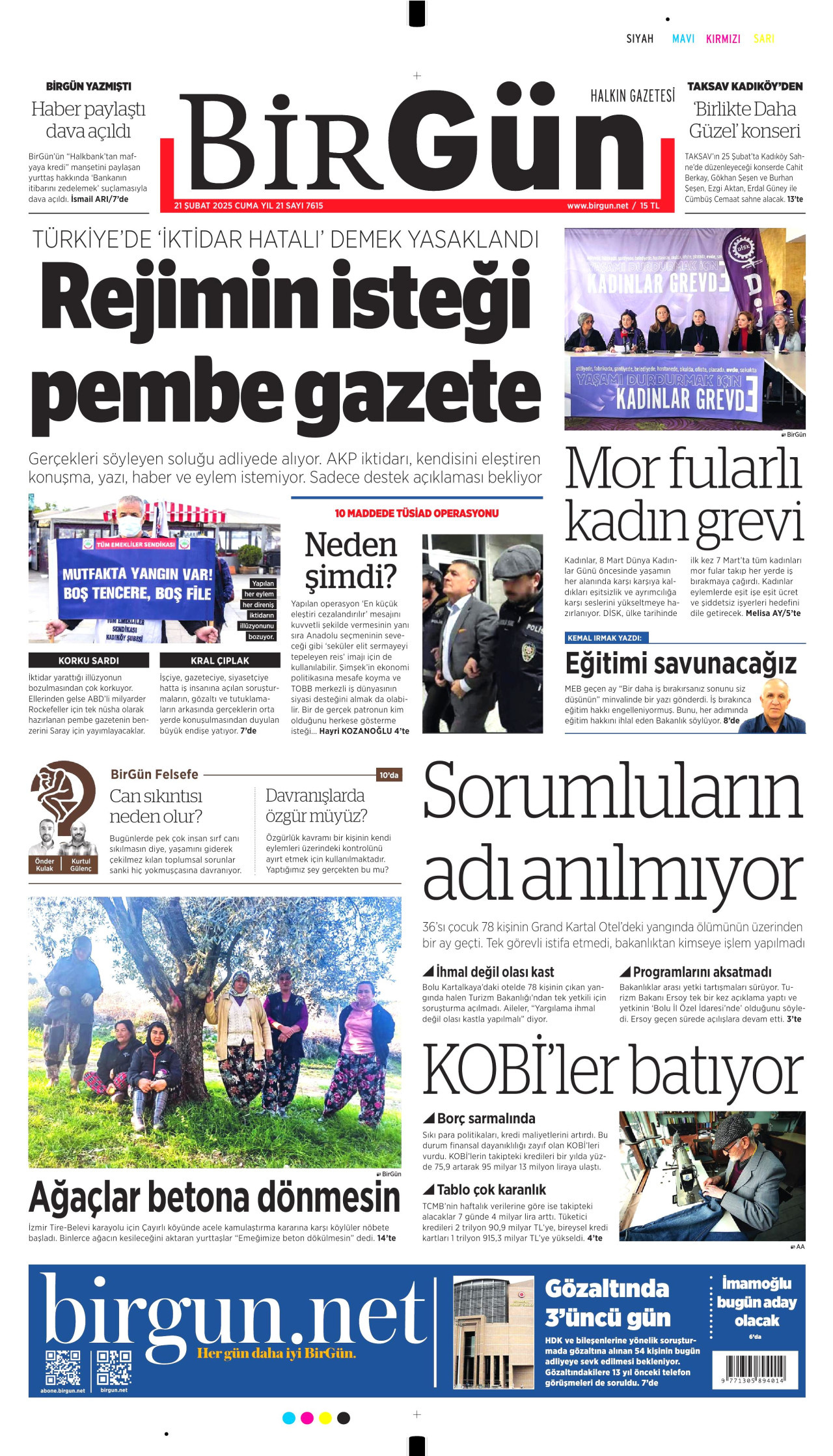 BİRGÜN gazetesinin 21 Şubat 2025 tarihli birinci sayfası