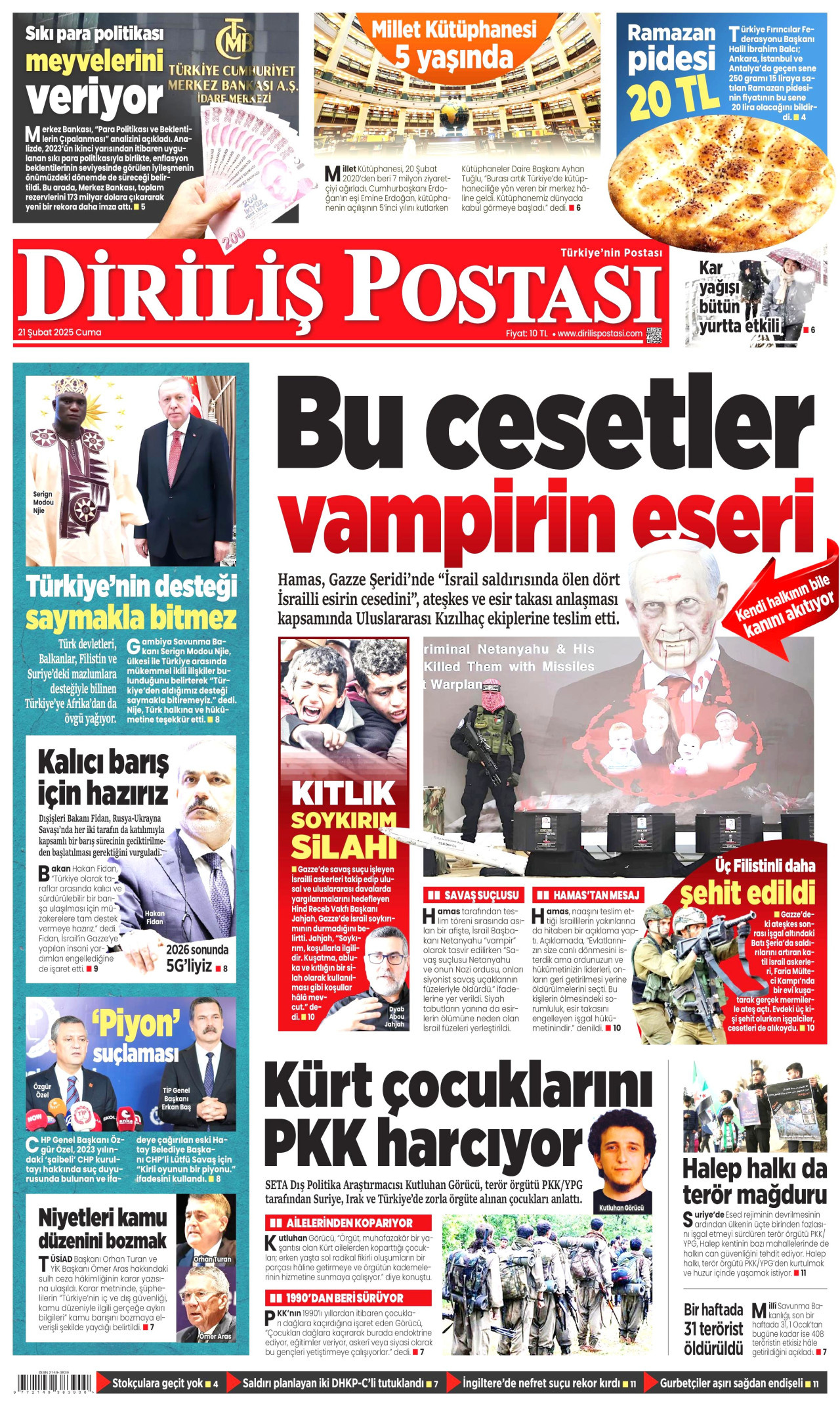 DİRİLİŞ POSTASI gazetesinin 21 Şubat 2025 tarihli birinci sayfası