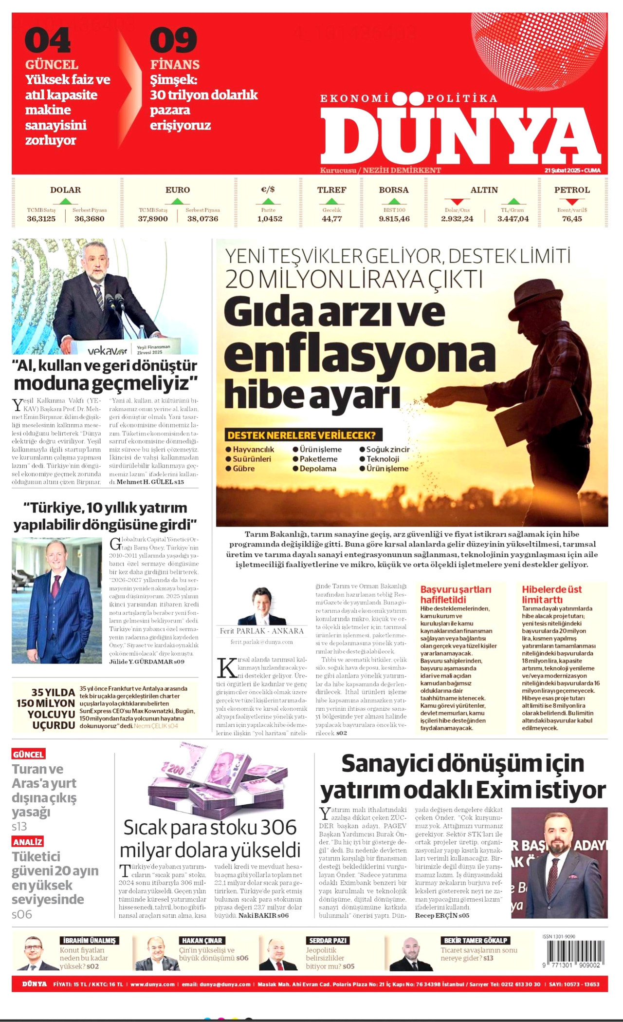 DÜNYA gazetesinin 21 Şubat 2025 tarihli birinci sayfası