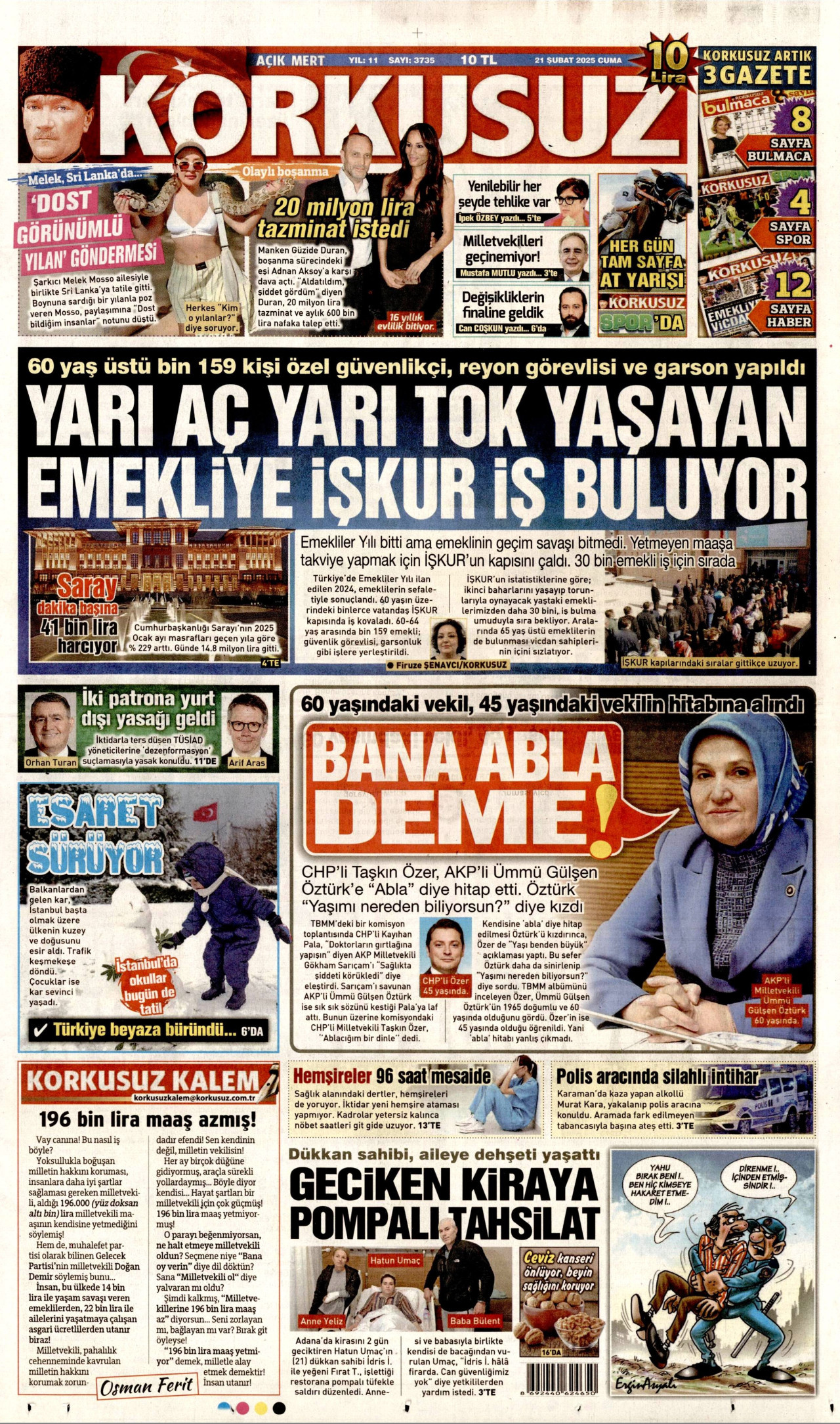 KORKUSUZ gazetesinin 21 Şubat 2025 tarihli birinci sayfası